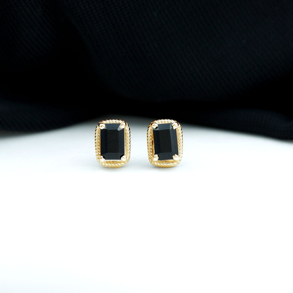 Genuine Black Onyx Emerald Cut Stud Earring with Twisted Rose Frame
