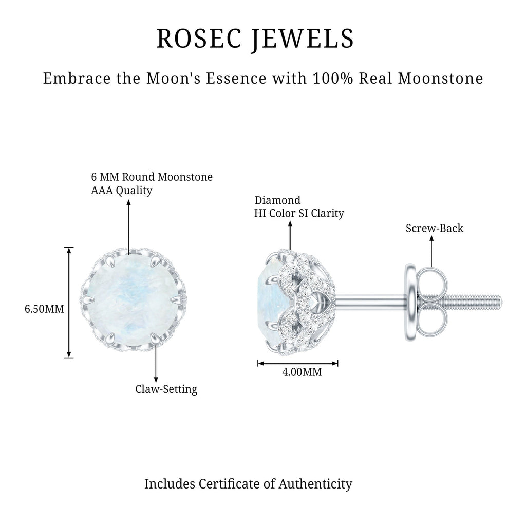Round Cut Genuine Moonstone and Diamond Stud Earrings