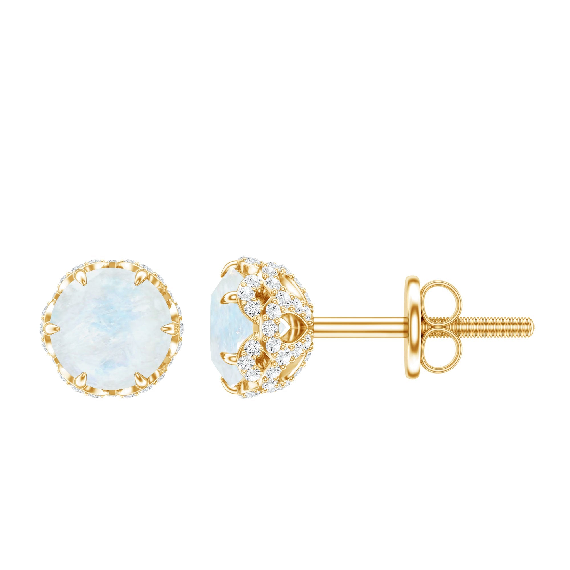 Moonstone Stud Earrings – 6mm Round Cut AAA Quality Gemstone Jewelry with Diamonds