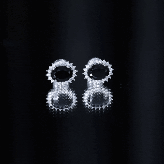 Real 2 Carat Oval Black Onyx Stud Earrings with Moissanite Halo