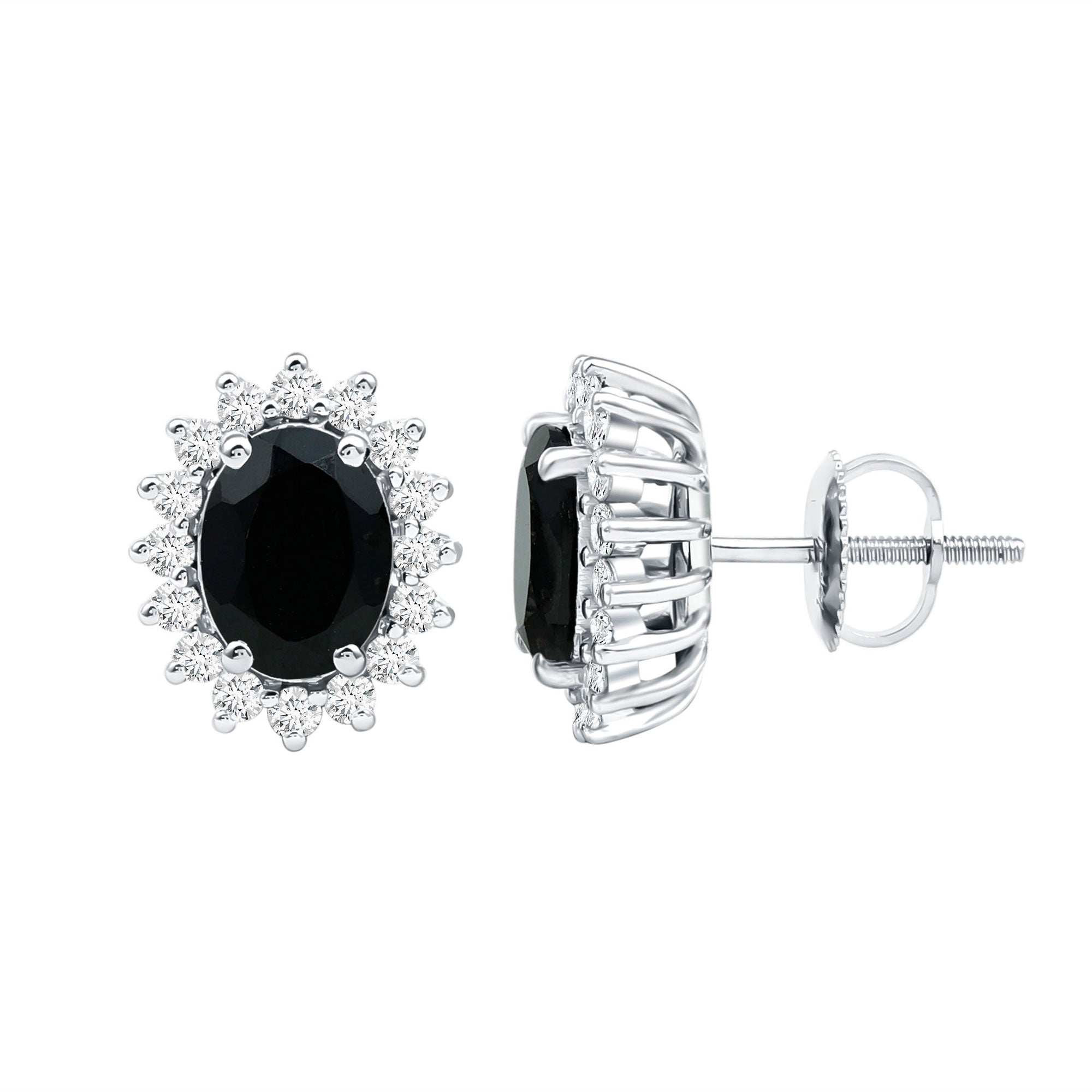 Real 2 Carat Oval Black Onyx Stud Earrings with Moissanite Halo