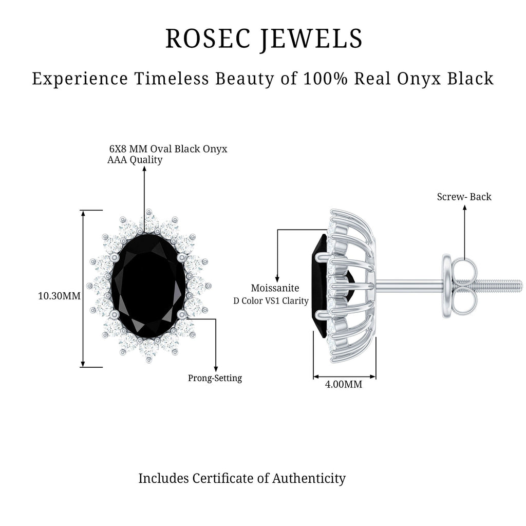 Real 2 Carat Oval Black Onyx Stud Earrings with Moissanite Halo