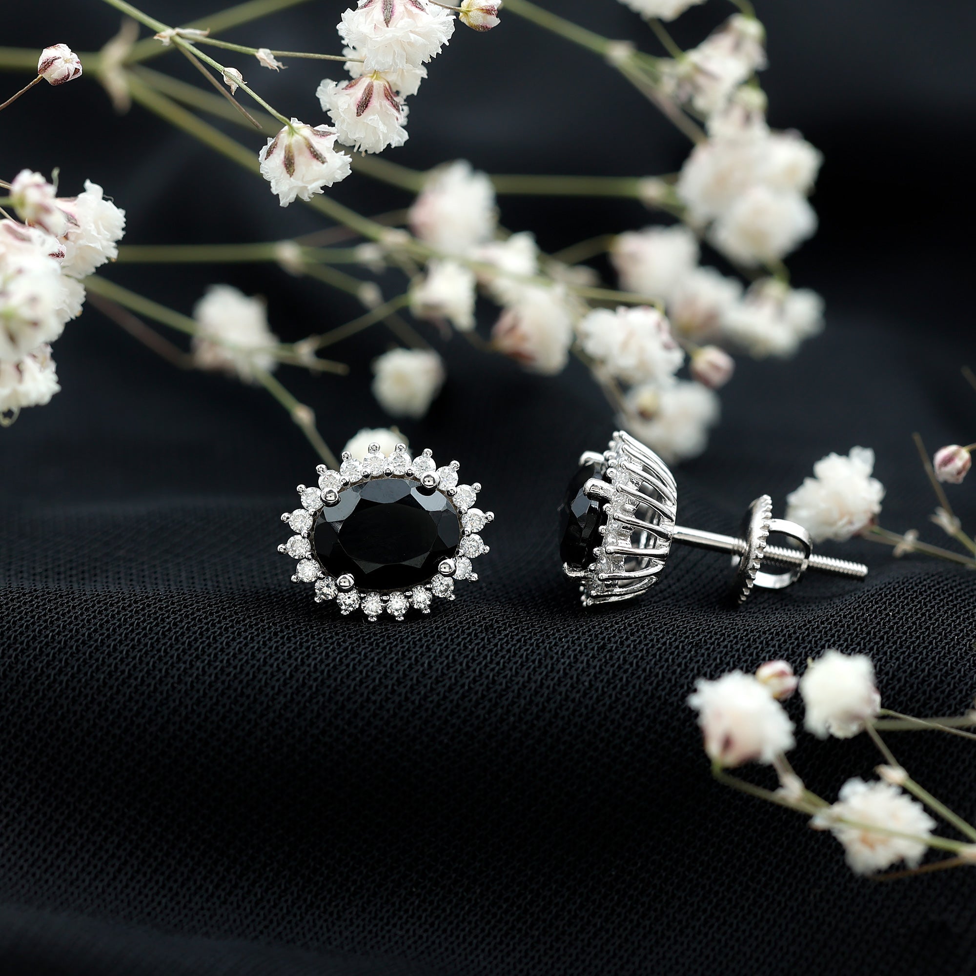 Real 2 Carat Oval Black Onyx Stud Earrings with Moissanite Halo