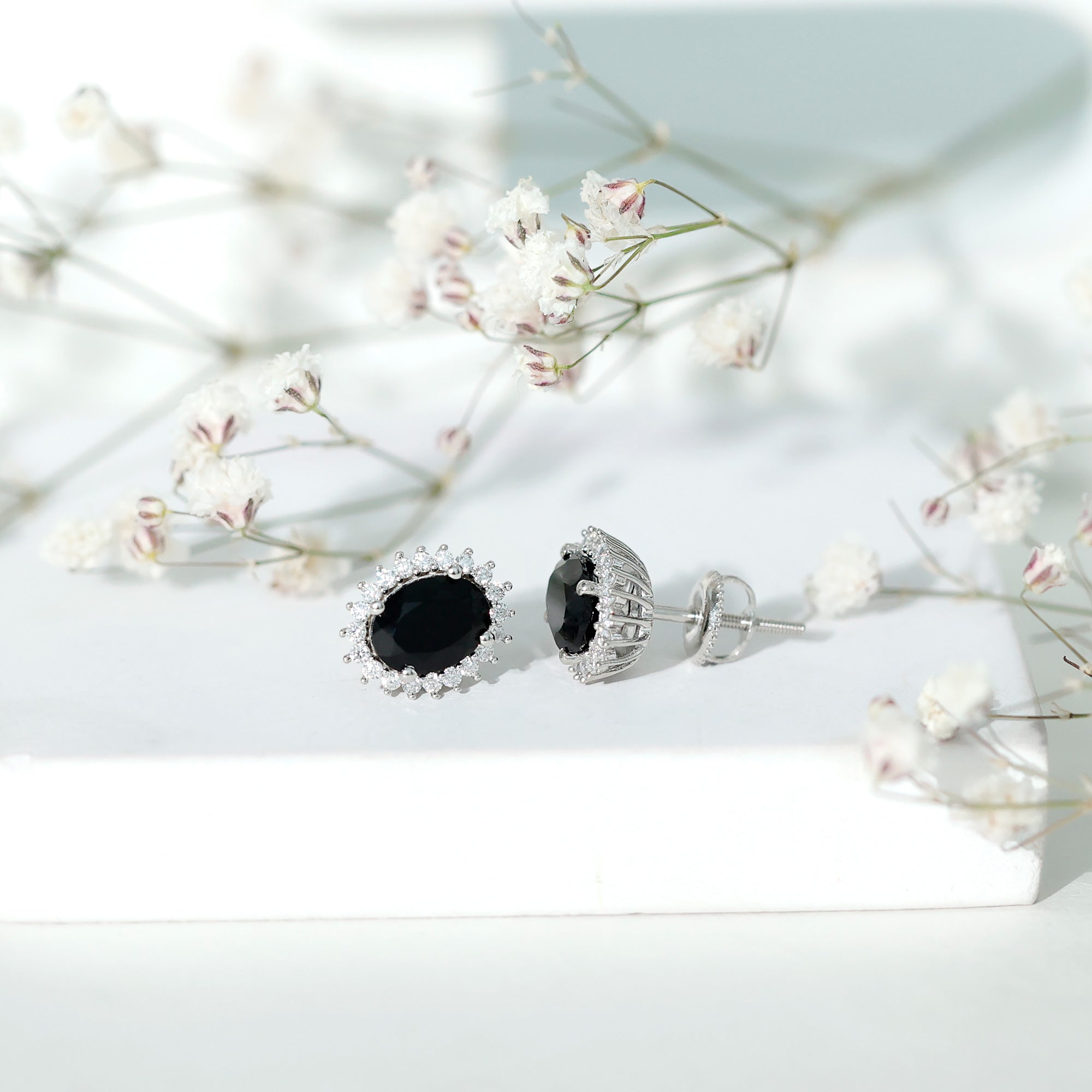 Real 2 Carat Oval Black Onyx Stud Earrings with Moissanite Halo