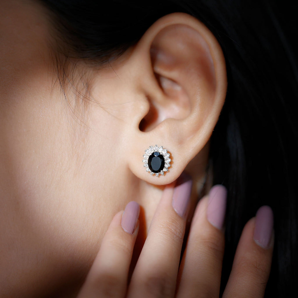 Real 2 Carat Oval Black Onyx Stud Earrings with Moissanite Halo