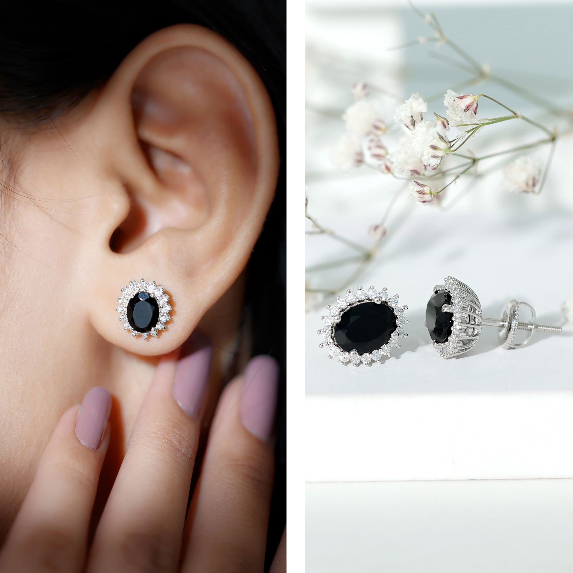 Real 2 Carat Oval Black Onyx Stud Earrings with Moissanite Halo