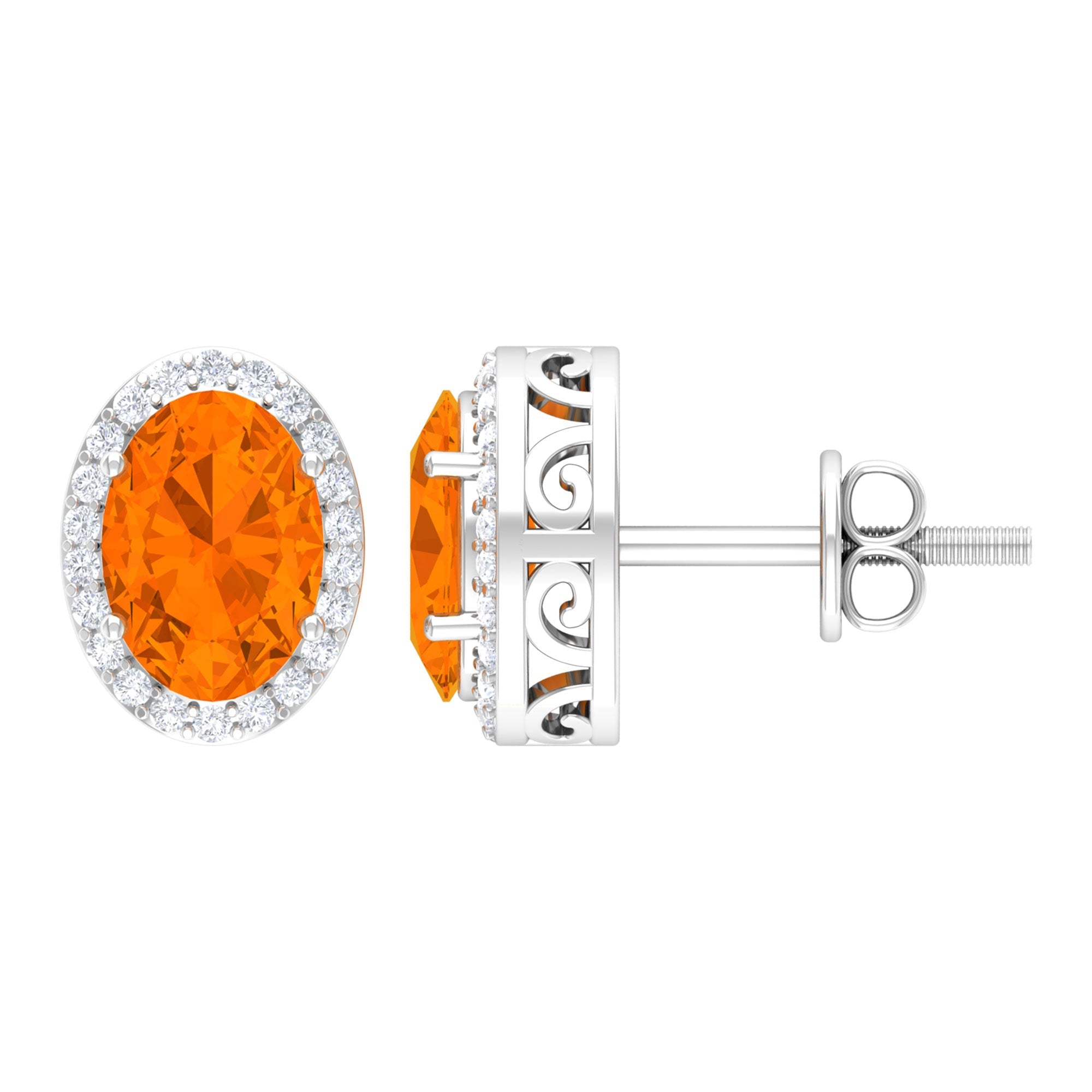 1.3 Carat Oval Cut Fire Opal and Diamond Halo Stud Earrings