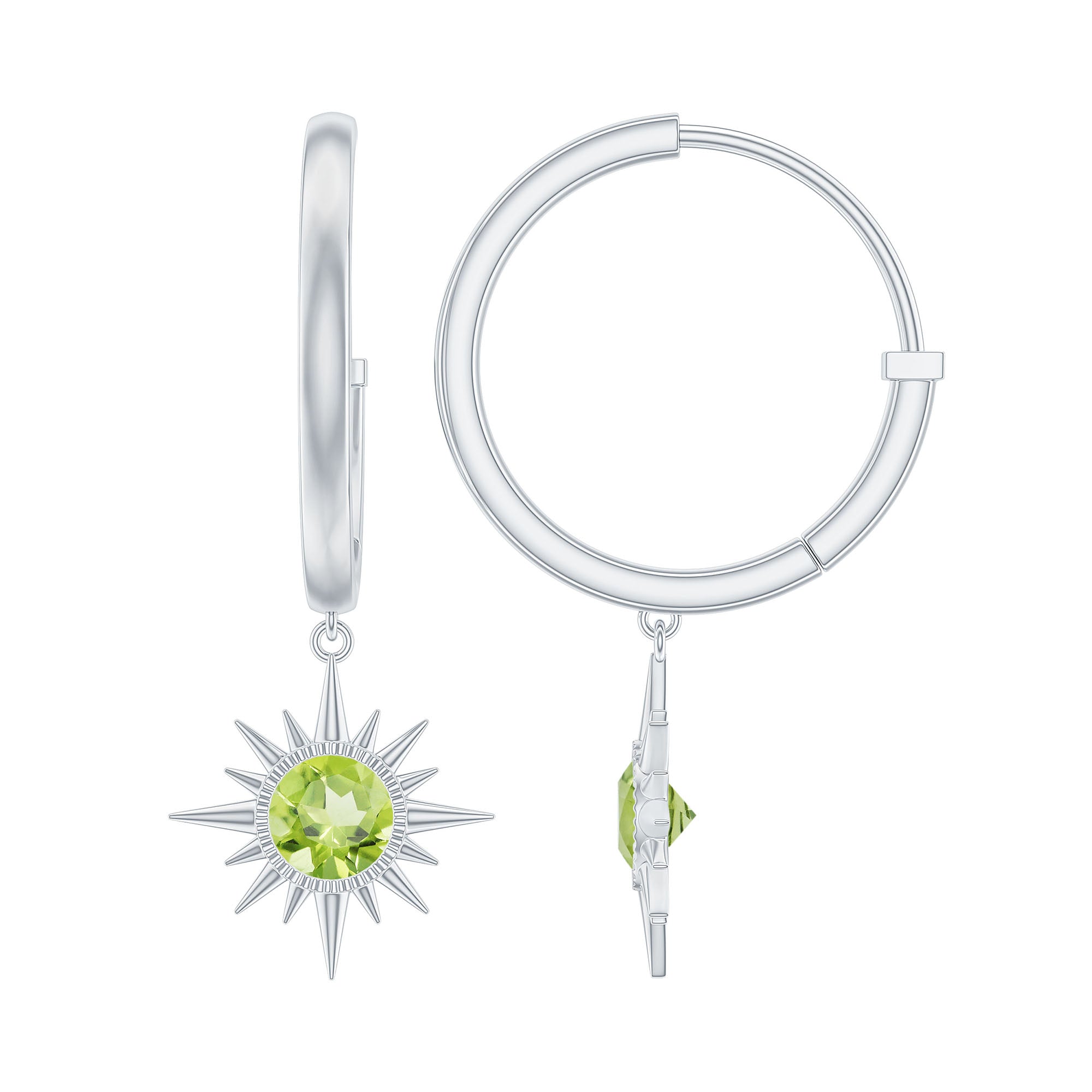 Round Shape 1 Carat Peridot Sunburst Hoop Drop Earrings For Women
