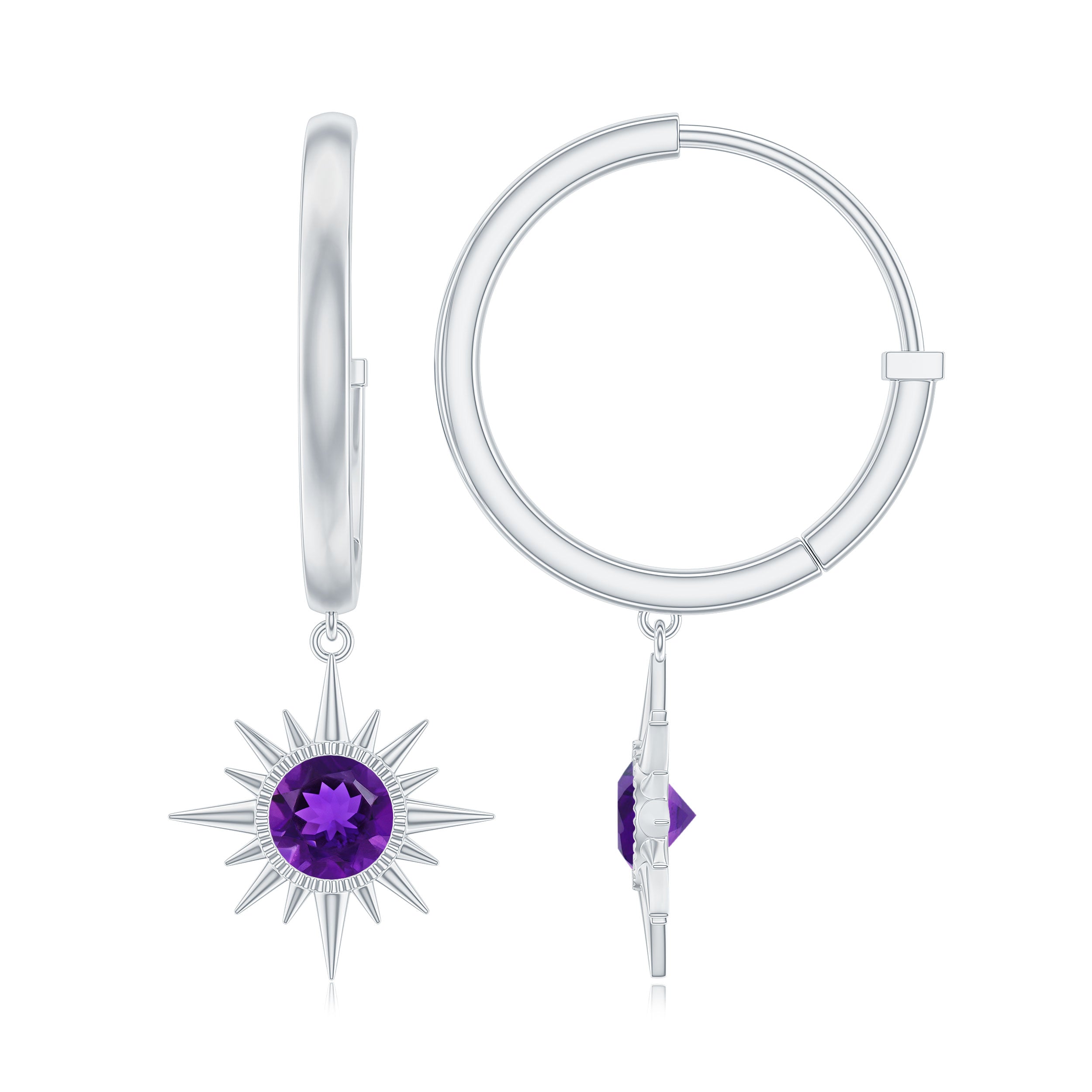 Natural Amethyst Sunburst Hoop Drop Earrings with Certificate