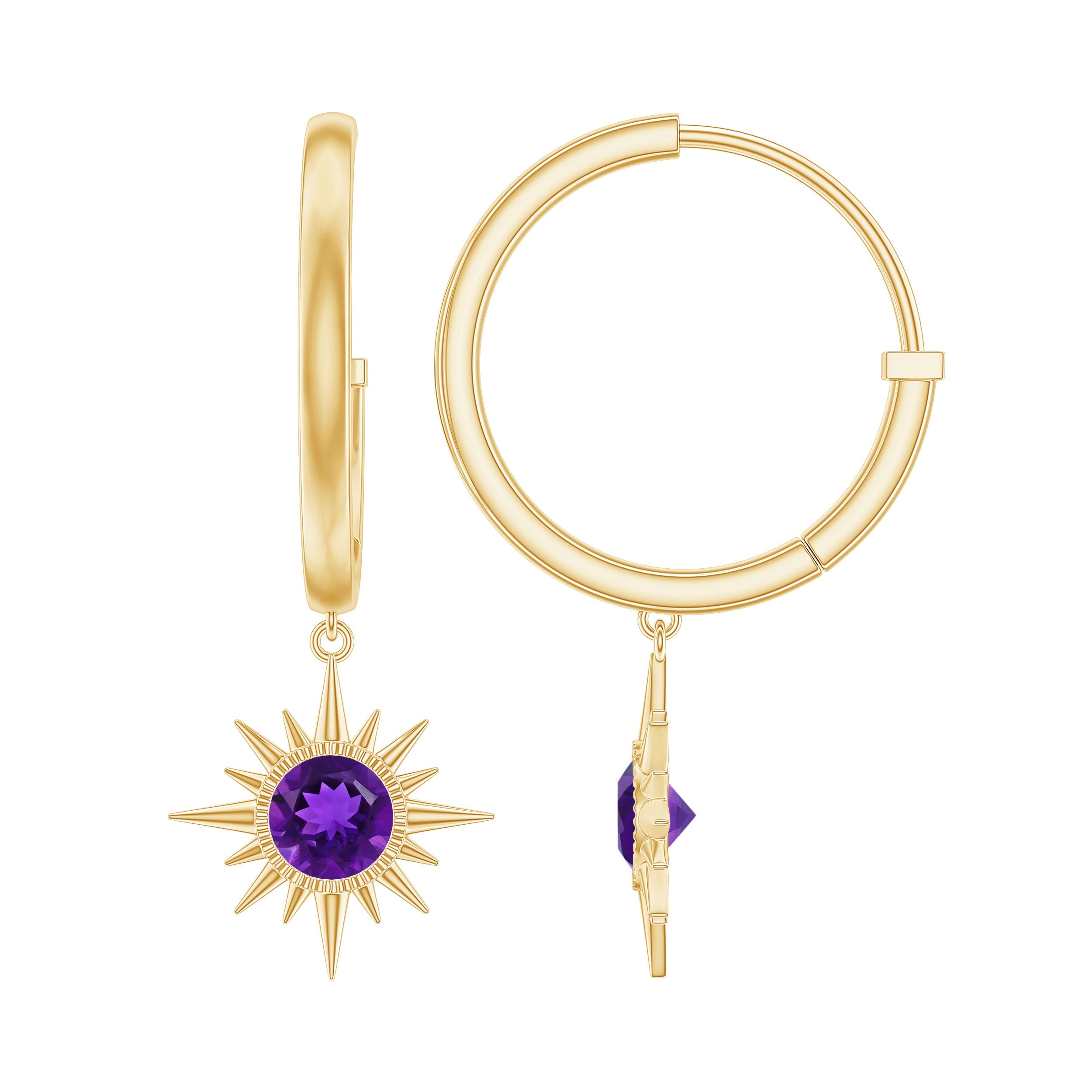 Amethyst Hoop Earrings – Sunburst Drop Design with AAA Quality Gemstones