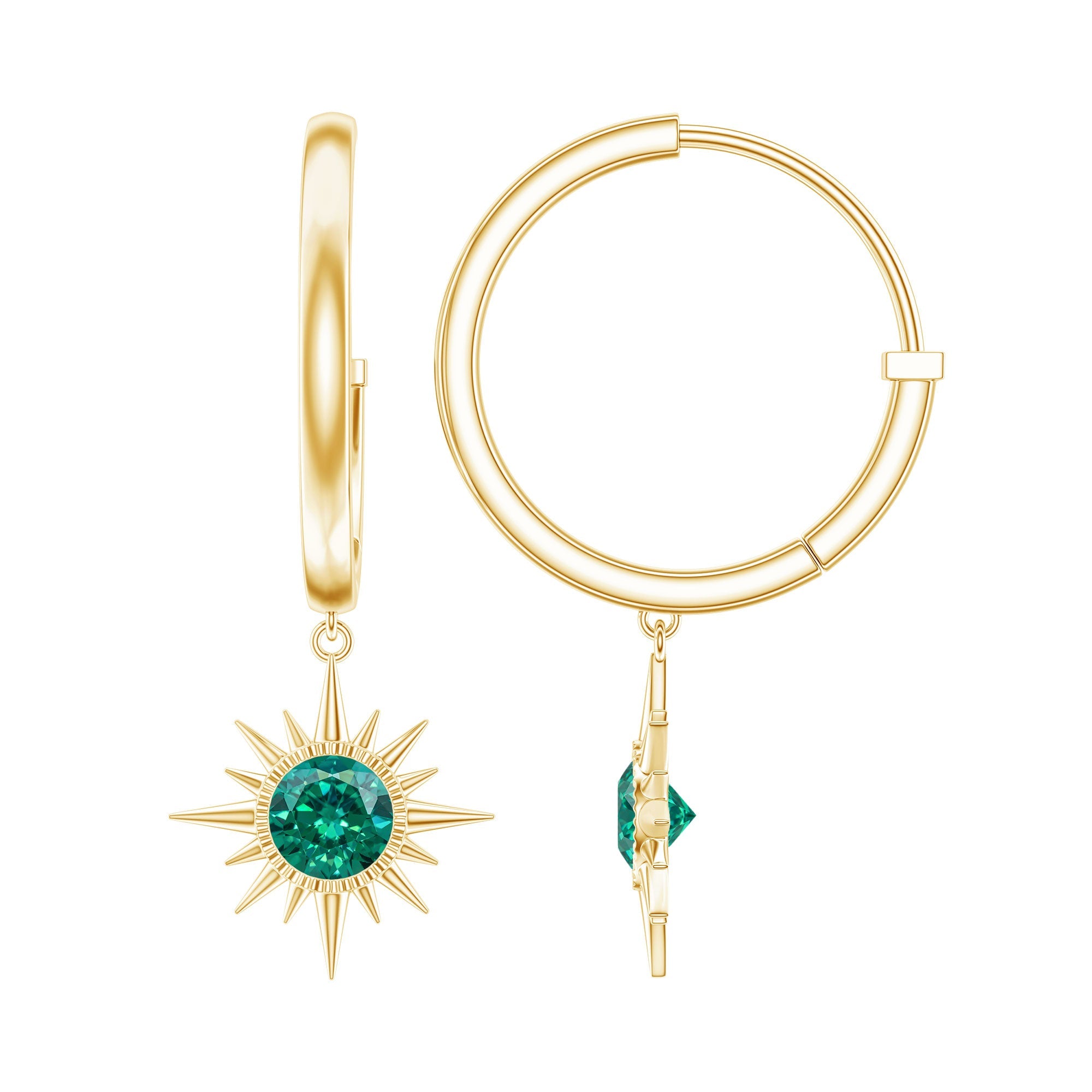 Lab Created Emerald Earrings – Sunburst Hoop Design With 0.5 Carat Round Cut Stone