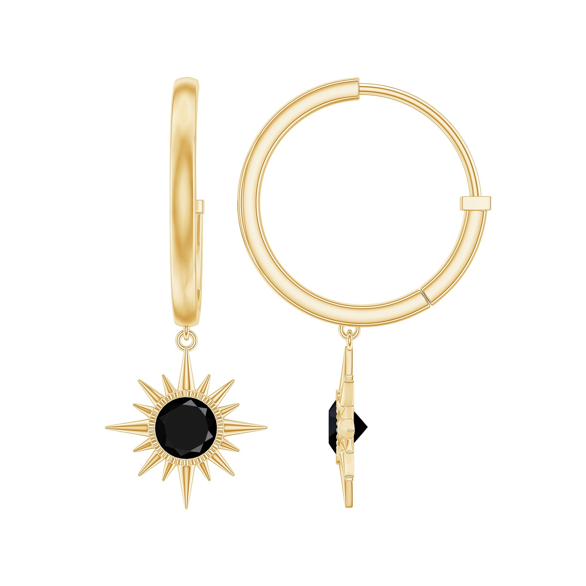 Lab Created Black Diamond Sunburst Hoop Earrings in Bezel Setting