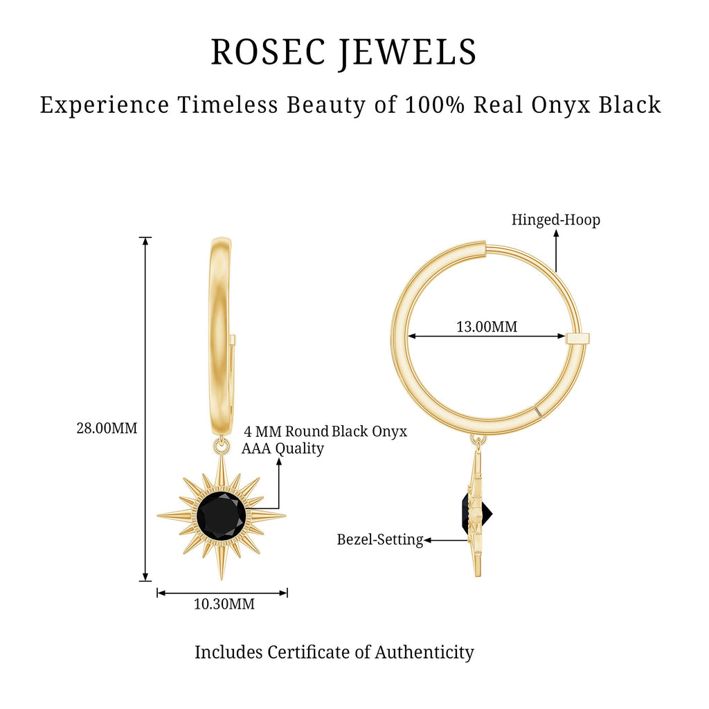 Natural Black Onyx Sunburst Hoop Drop Earrings