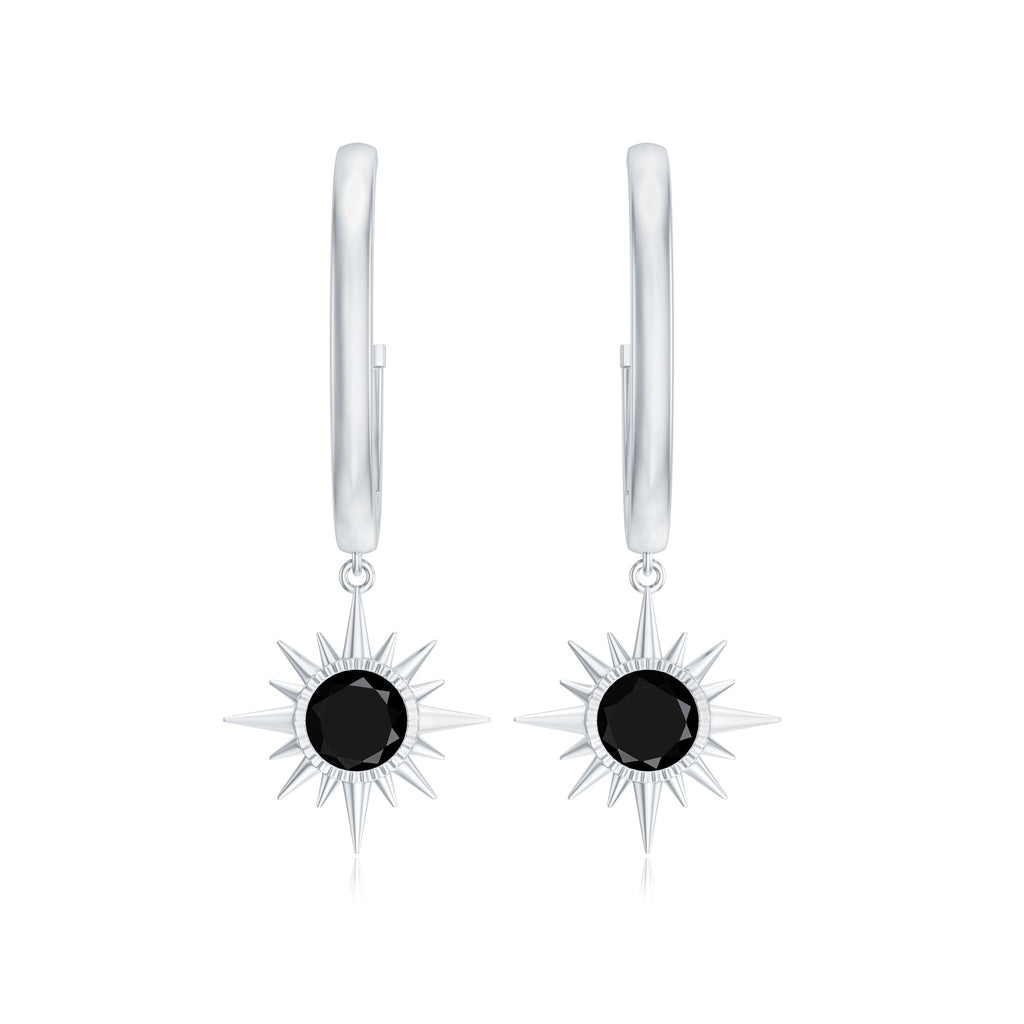 Natural Black Onyx Sunburst Hoop Drop Earrings