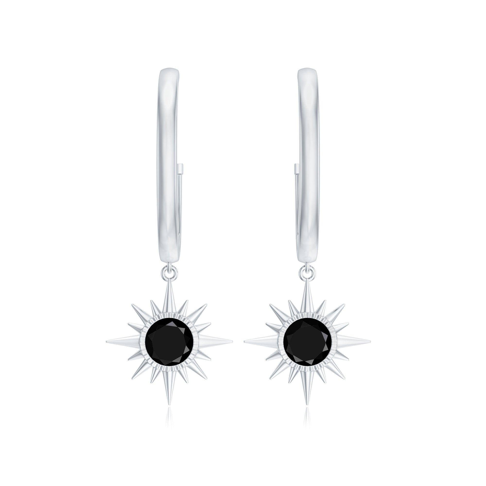Natural Black Onyx Sunburst Hoop Drop Earrings