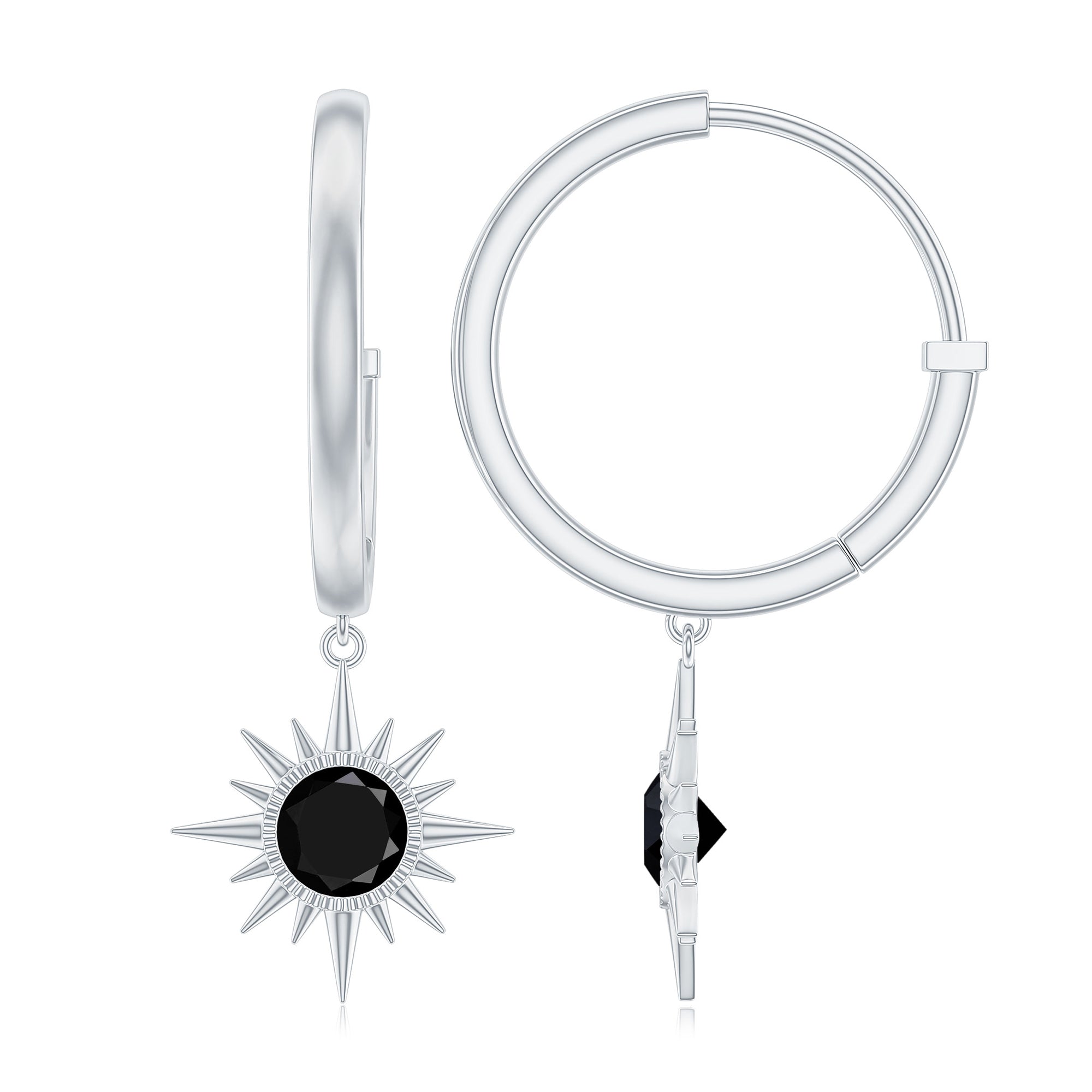 Natural Black Onyx Sunburst Hoop Drop Earrings