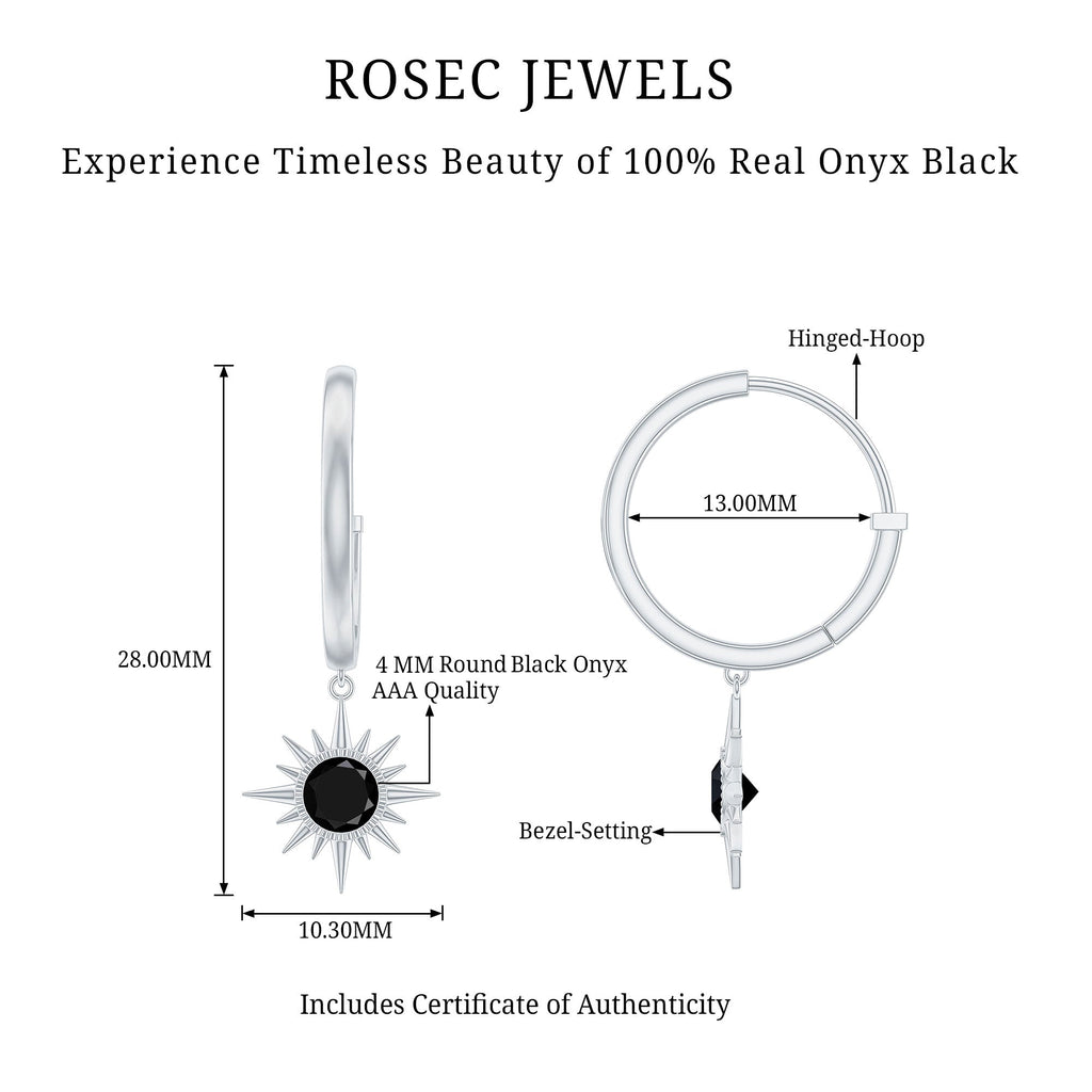 Natural Black Onyx Sunburst Hoop Drop Earrings