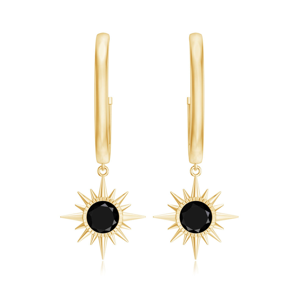 Natural Black Onyx Sunburst Hoop Drop Earrings