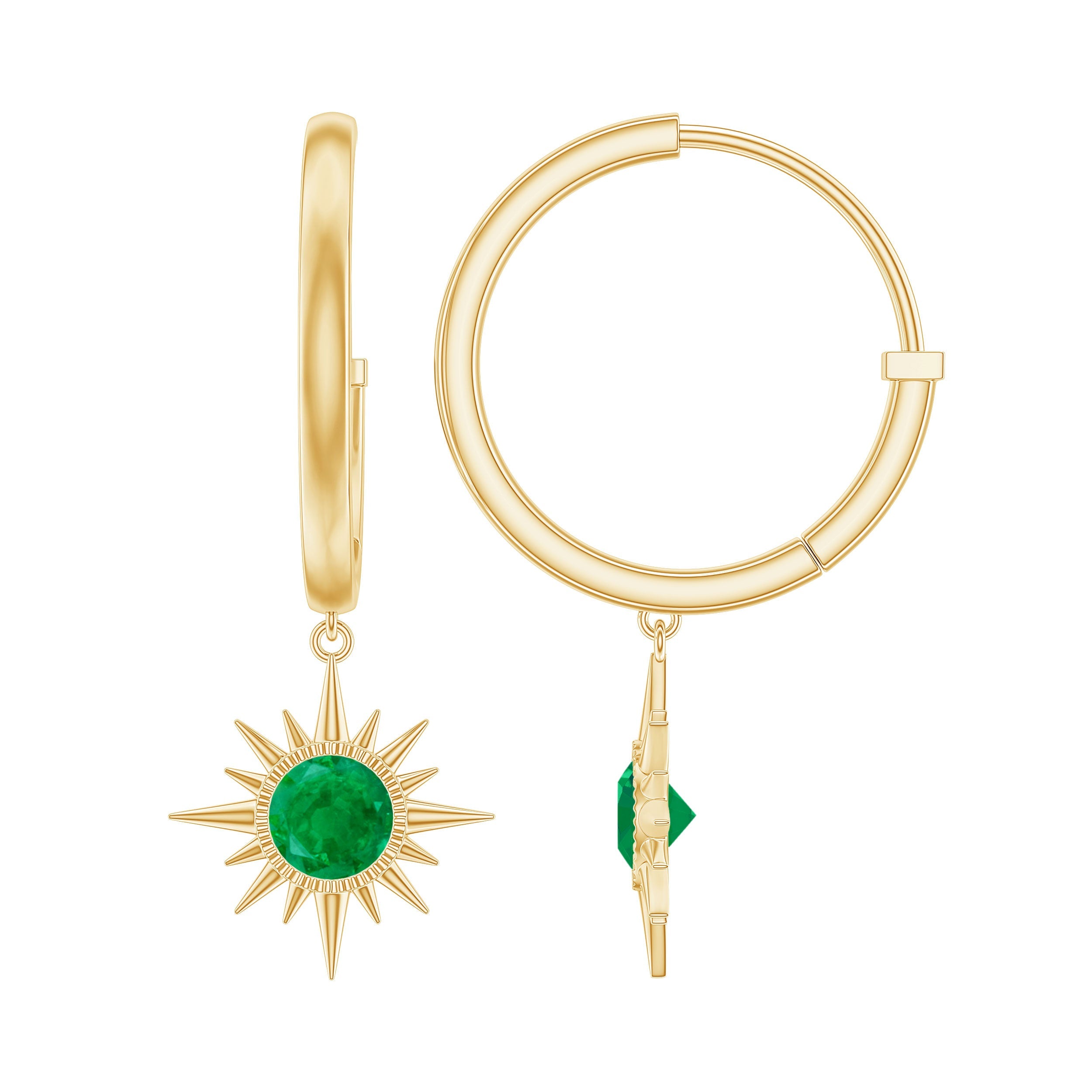 Emerald Hoop Earrings – AAA Quality Green Gemstone Earrings with Sunburst Design