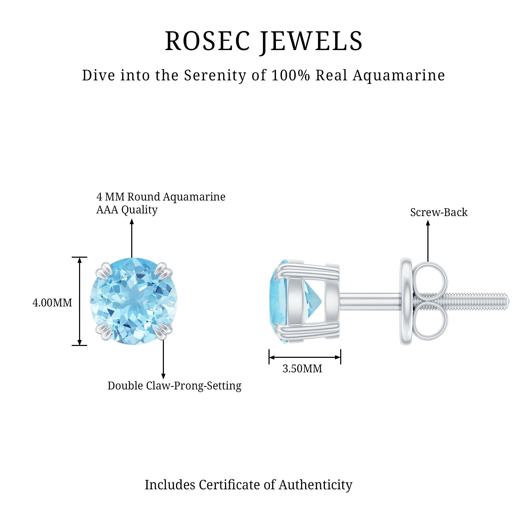 Aquamarine Stud Earrings – Solitaire Stud Design with Double Claw Prong Setting