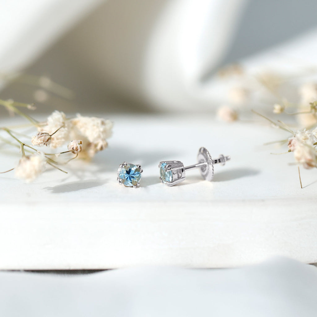 Aquamarine Stud Earrings – Solitaire Stud Design with Double Claw Prong Setting