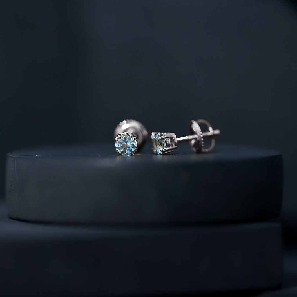 Aquamarine Stud Earrings – Solitaire Stud Design with Double Claw Prong Setting