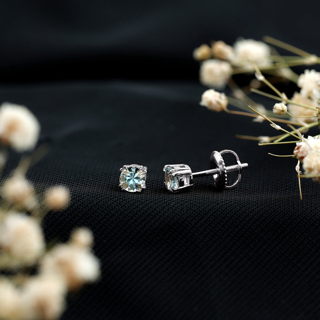 Aquamarine Stud Earrings – Solitaire Stud Design with Double Claw Prong Setting