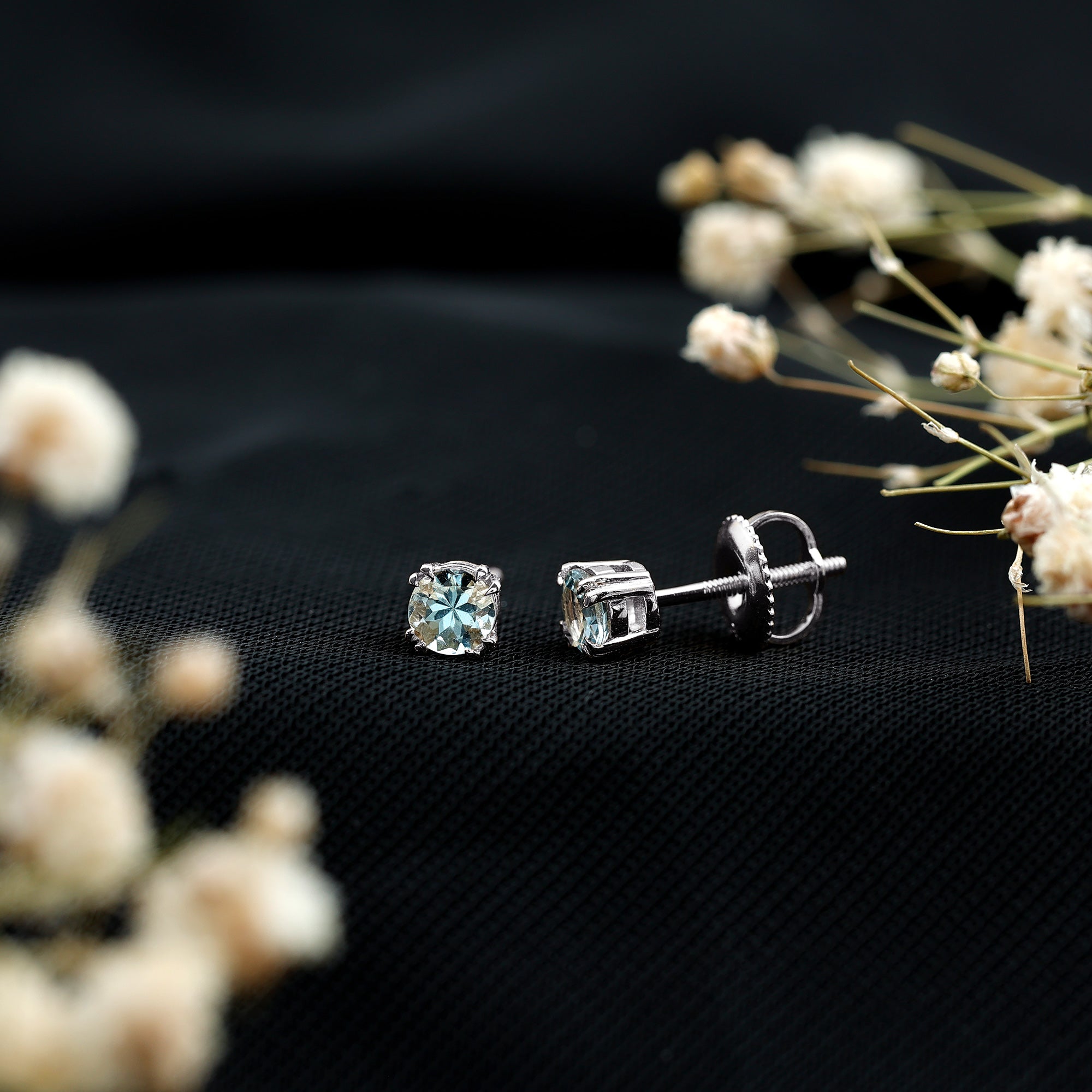 Aquamarine Stud Earrings – Solitaire Stud Design with Double Claw Prong Setting