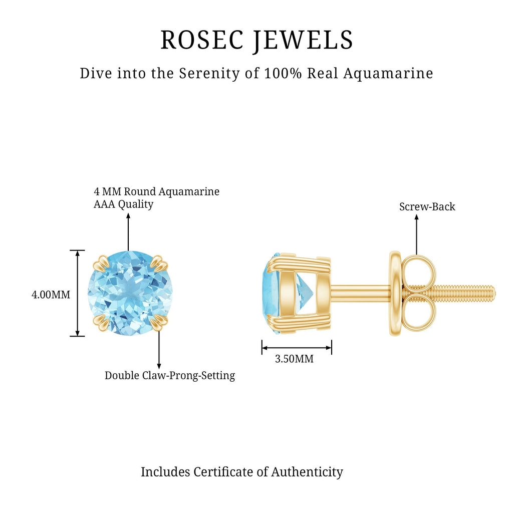 Aquamarine Stud Earrings – Solitaire Stud Design with Double Claw Prong Setting