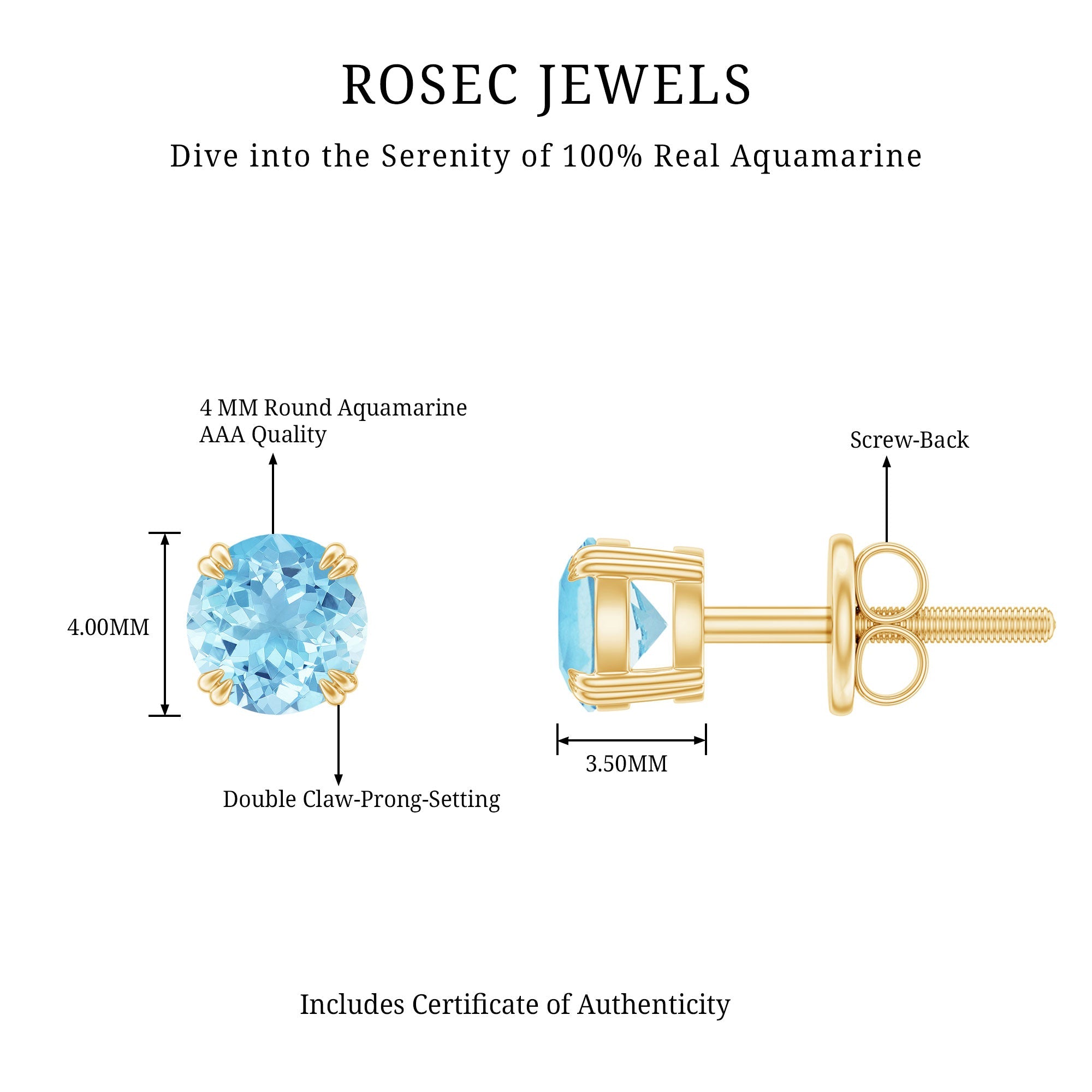 Aquamarine Stud Earrings – Solitaire Stud Design with Double Claw Prong Setting
