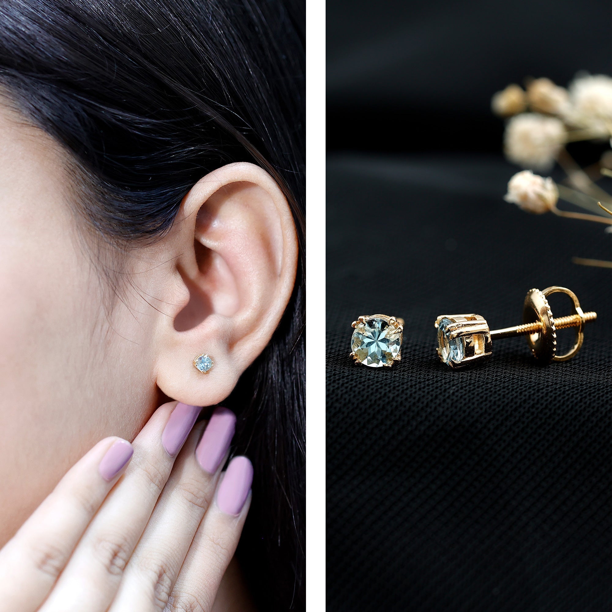 Aquamarine Stud Earrings – Solitaire Stud Design with Double Claw Prong Setting