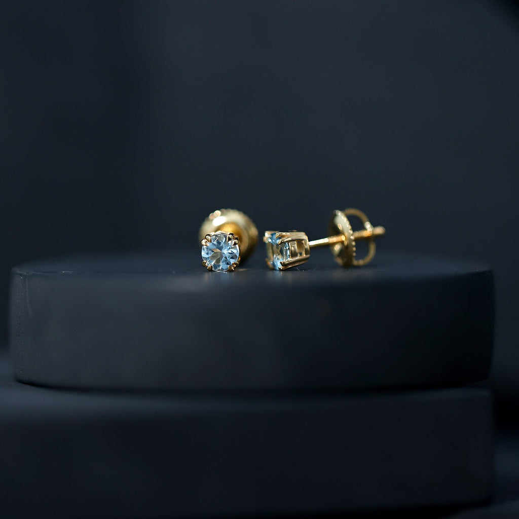Aquamarine Stud Earrings – Solitaire Stud Design with Double Claw Prong Setting