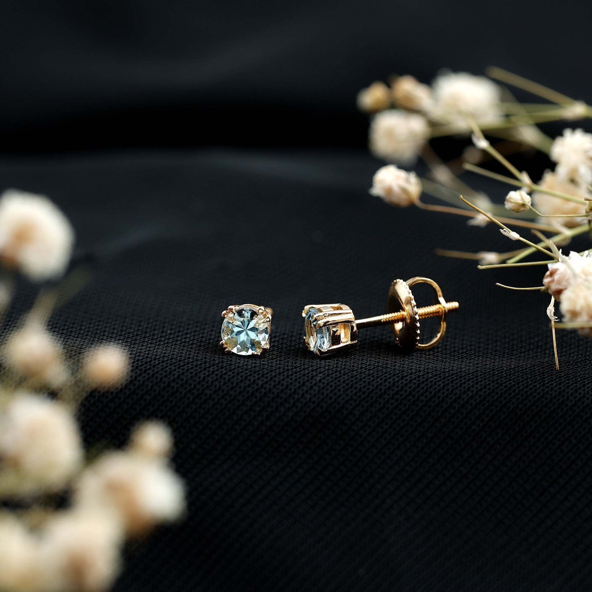 Aquamarine Stud Earrings – Solitaire Stud Design with Double Claw Prong Setting