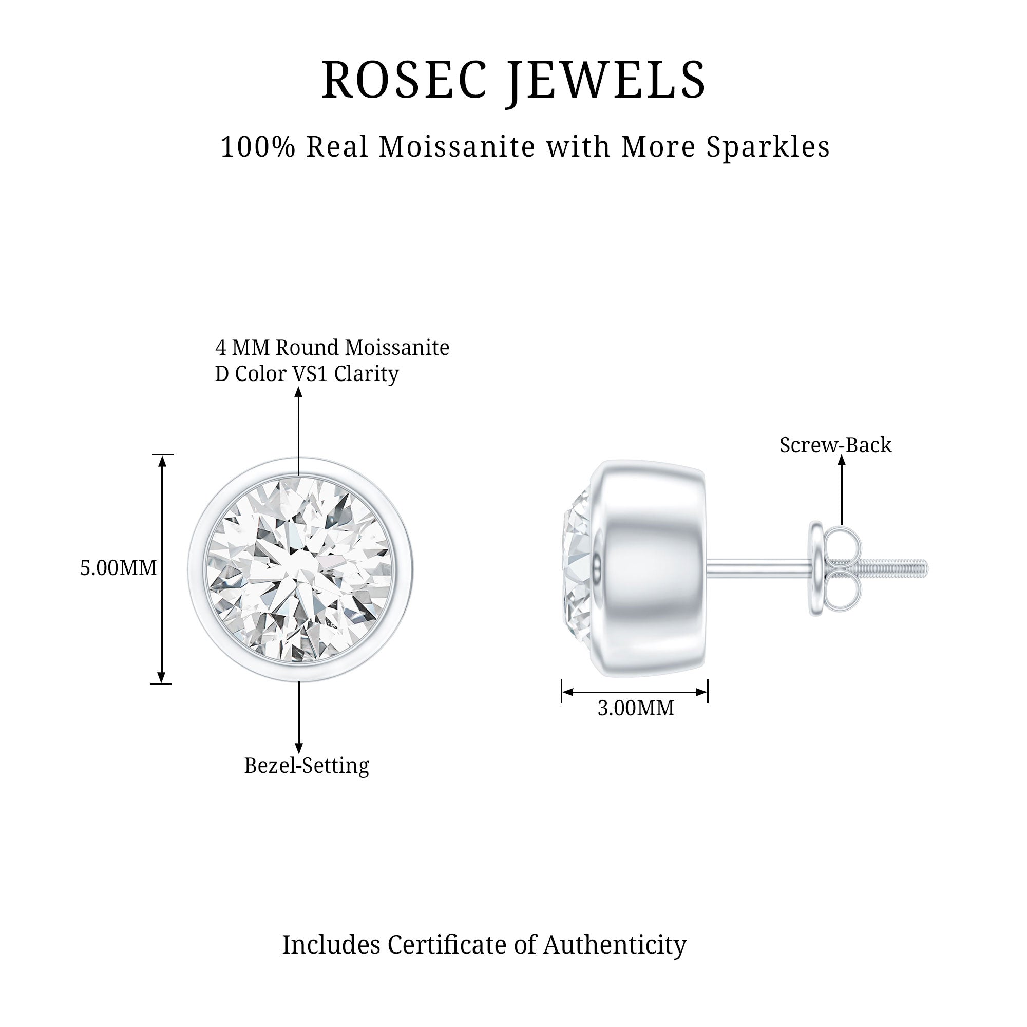 Moissanite Stud Earrings - 0.6 Carat D-VS1 Quality Round Bezel Setting | 14k White Gold