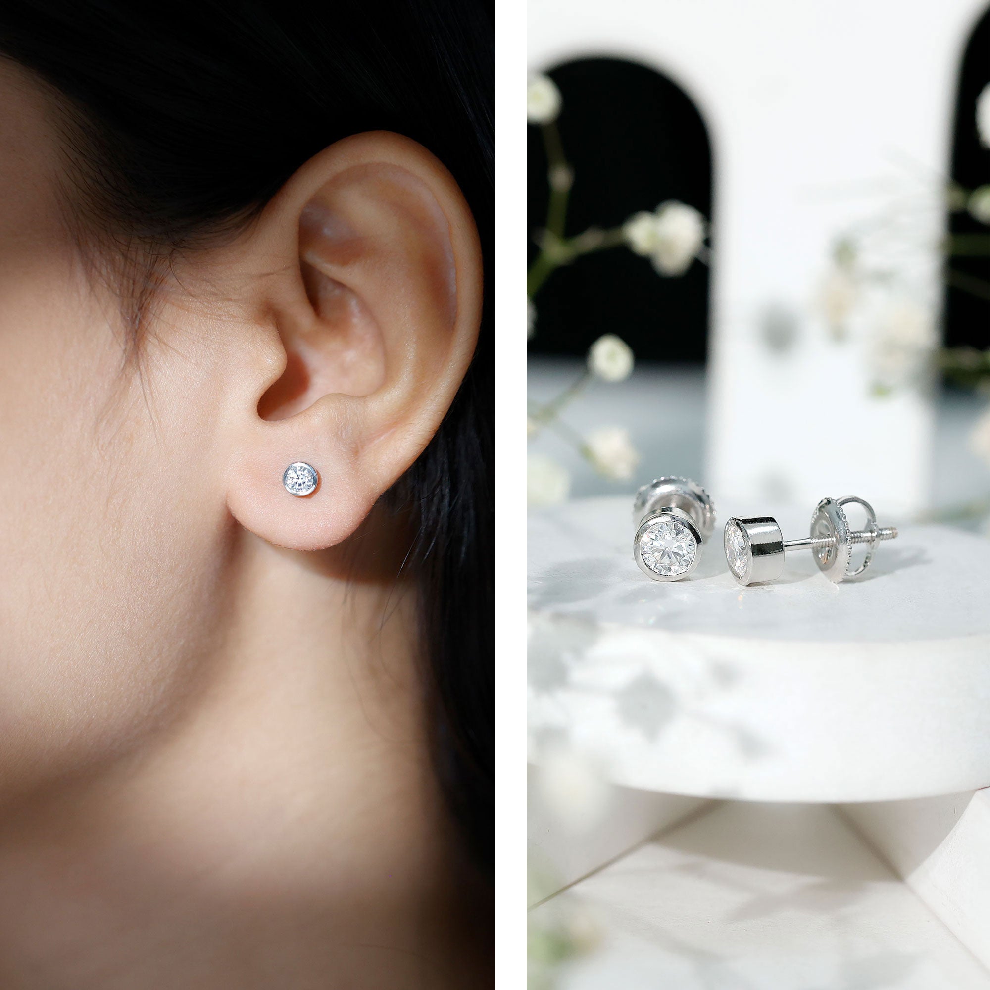 Moissanite Stud Earrings - 0.6 Carat D-VS1 Quality Round Bezel Setting | 14k White Gold