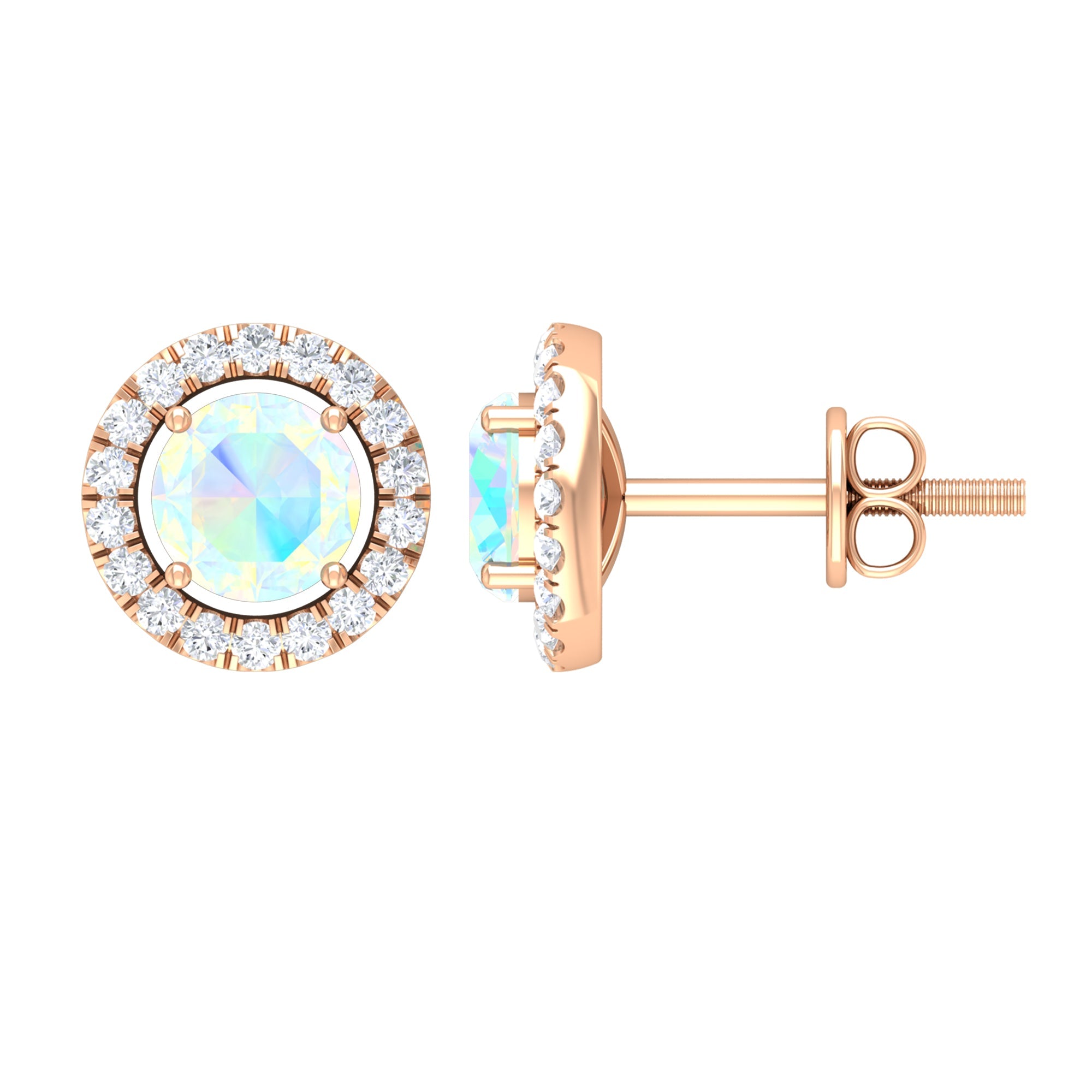 Ethiopian Opal Earrings – Round Opal Studs with Diamond Halo Design | Rosec Jewels