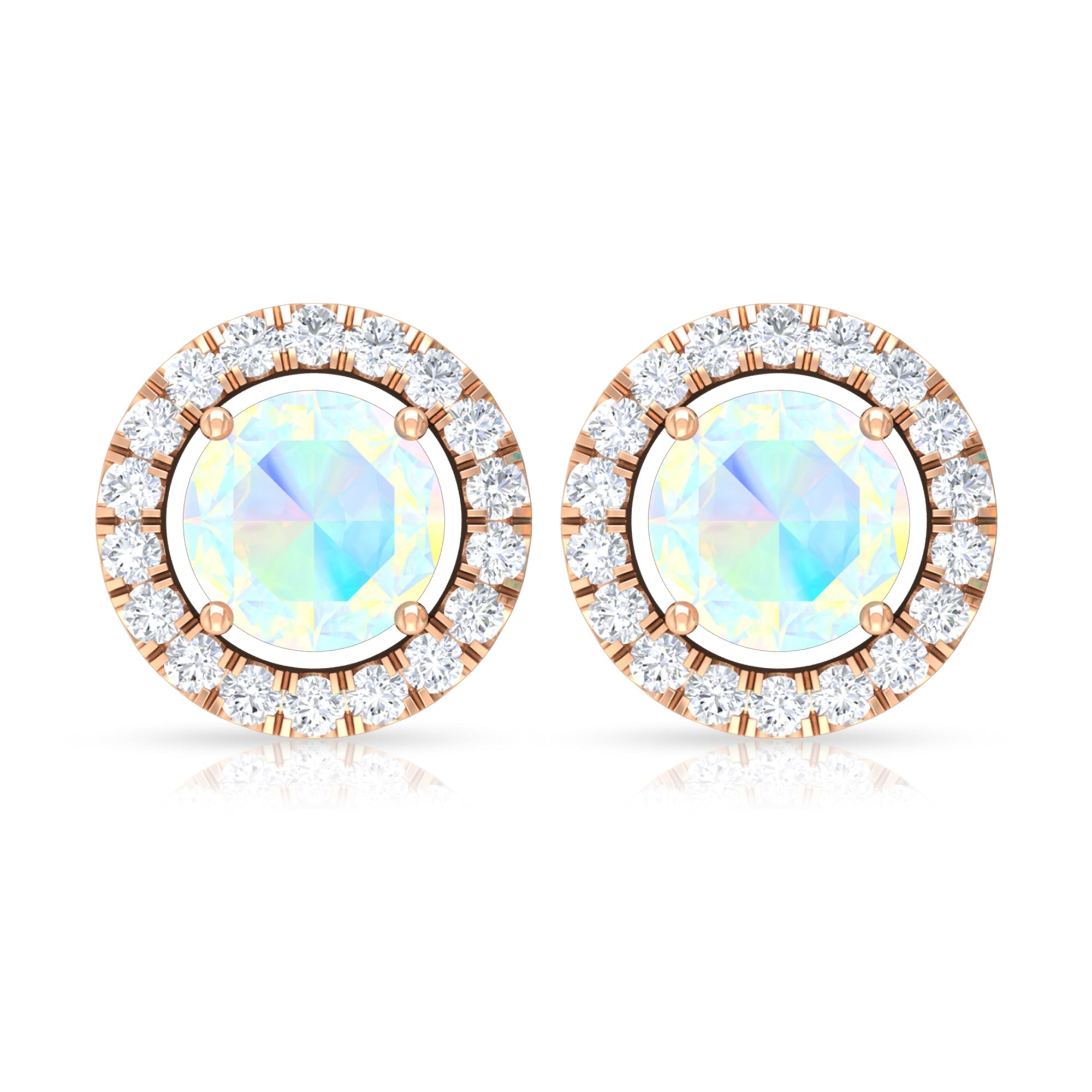 Ethiopian Opal Earrings – Round Opal Studs with Diamond Halo Design | Rosec Jewels