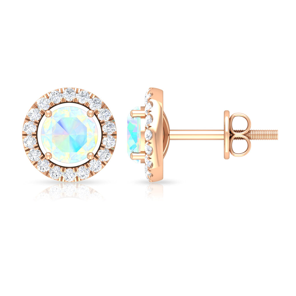 Ethiopian Opal Earrings – Round Opal Studs with Diamond Halo Design | Rosec Jewels