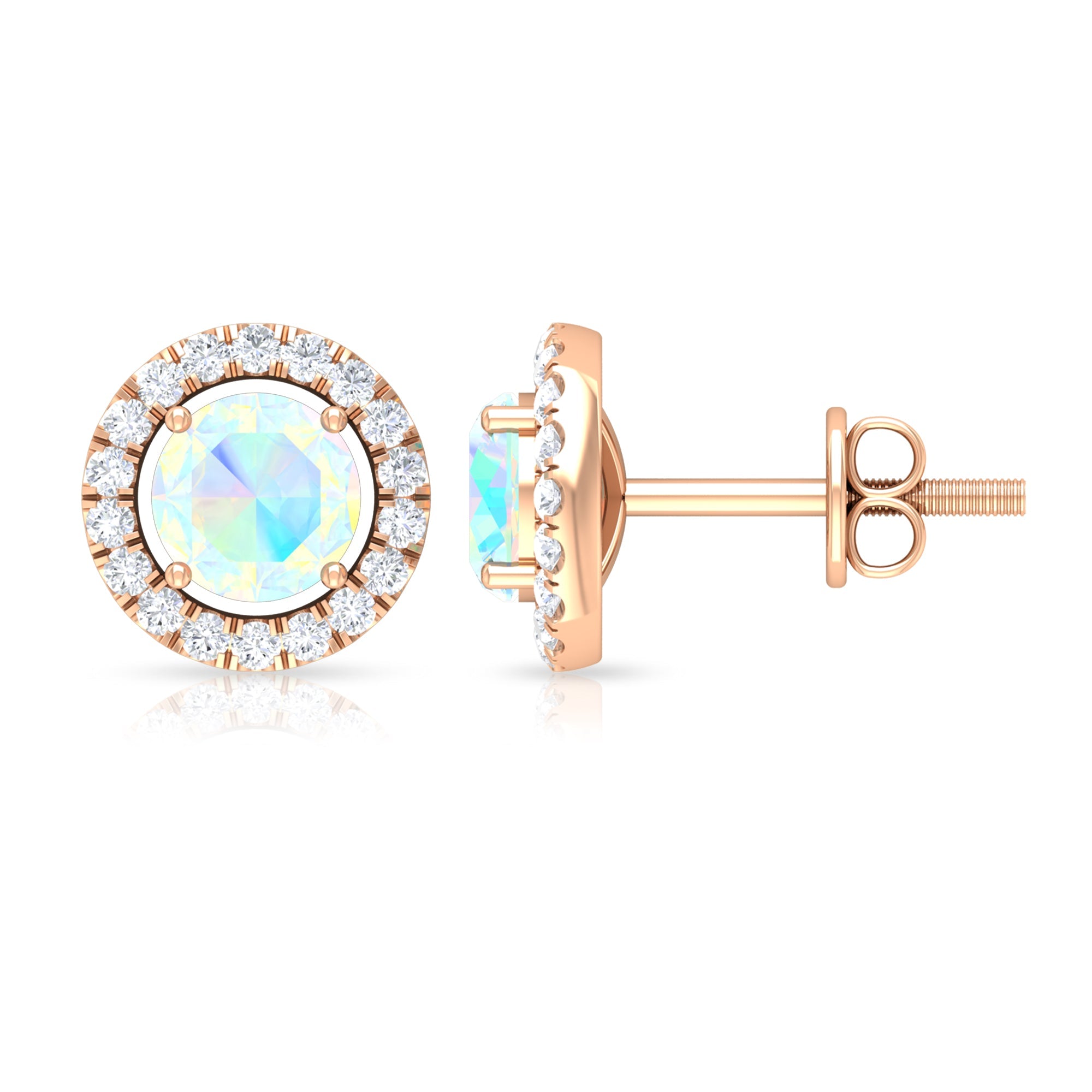 Ethiopian Opal Earrings – Round Opal Studs with Diamond Halo Design | Rosec Jewels