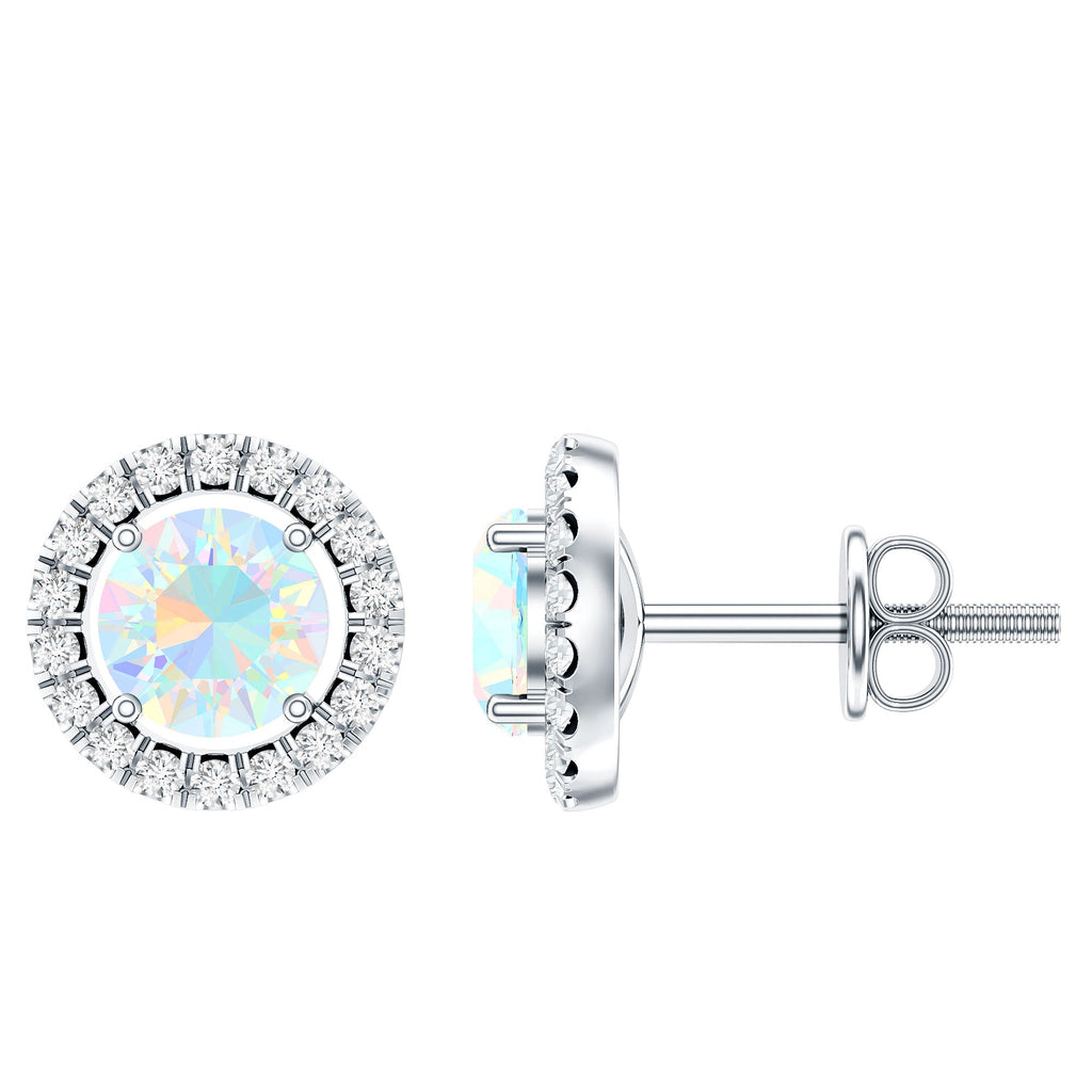 Ethiopian Opal Earrings – Round Opal Studs with Diamond Halo Design | Rosec Jewels