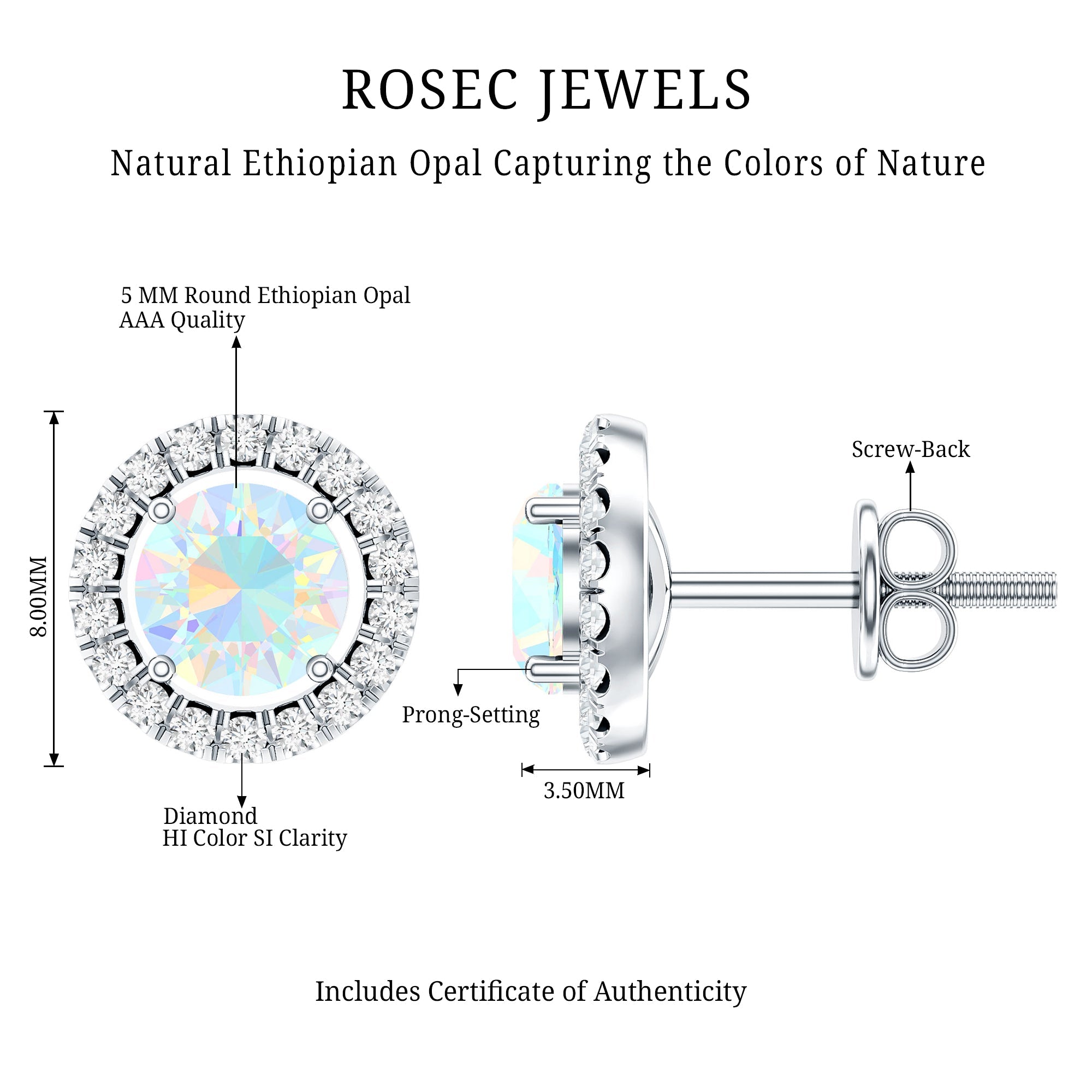 Ethiopian Opal Earrings – Round Opal Studs with Diamond Halo Design | Rosec Jewels