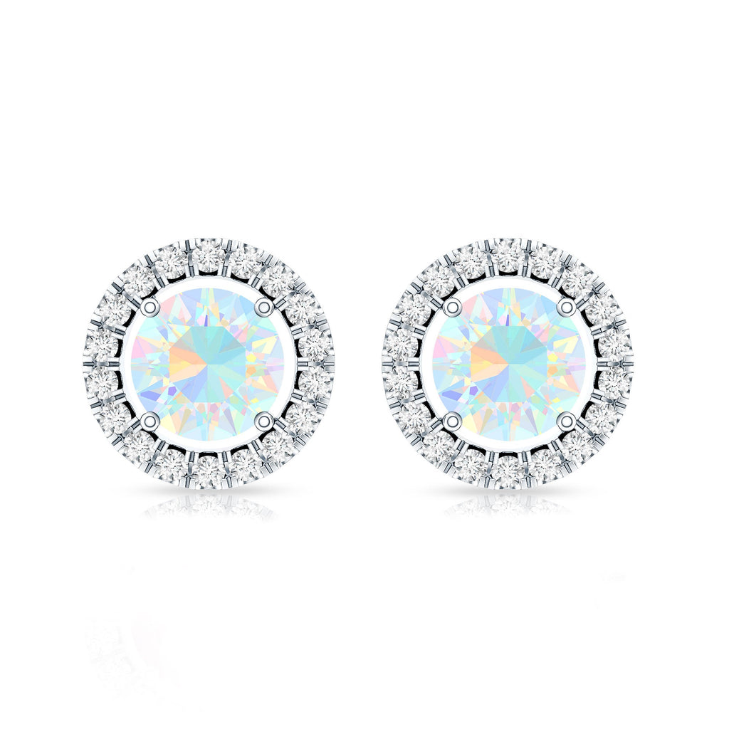 Ethiopian Opal Earrings – Round Opal Studs with Diamond Halo Design | Rosec Jewels