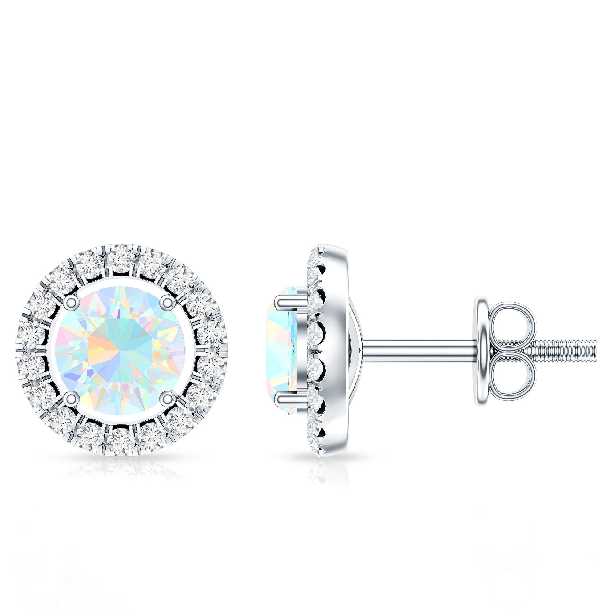 Ethiopian Opal Earrings – Round Opal Studs with Diamond Halo Design | Rosec Jewels