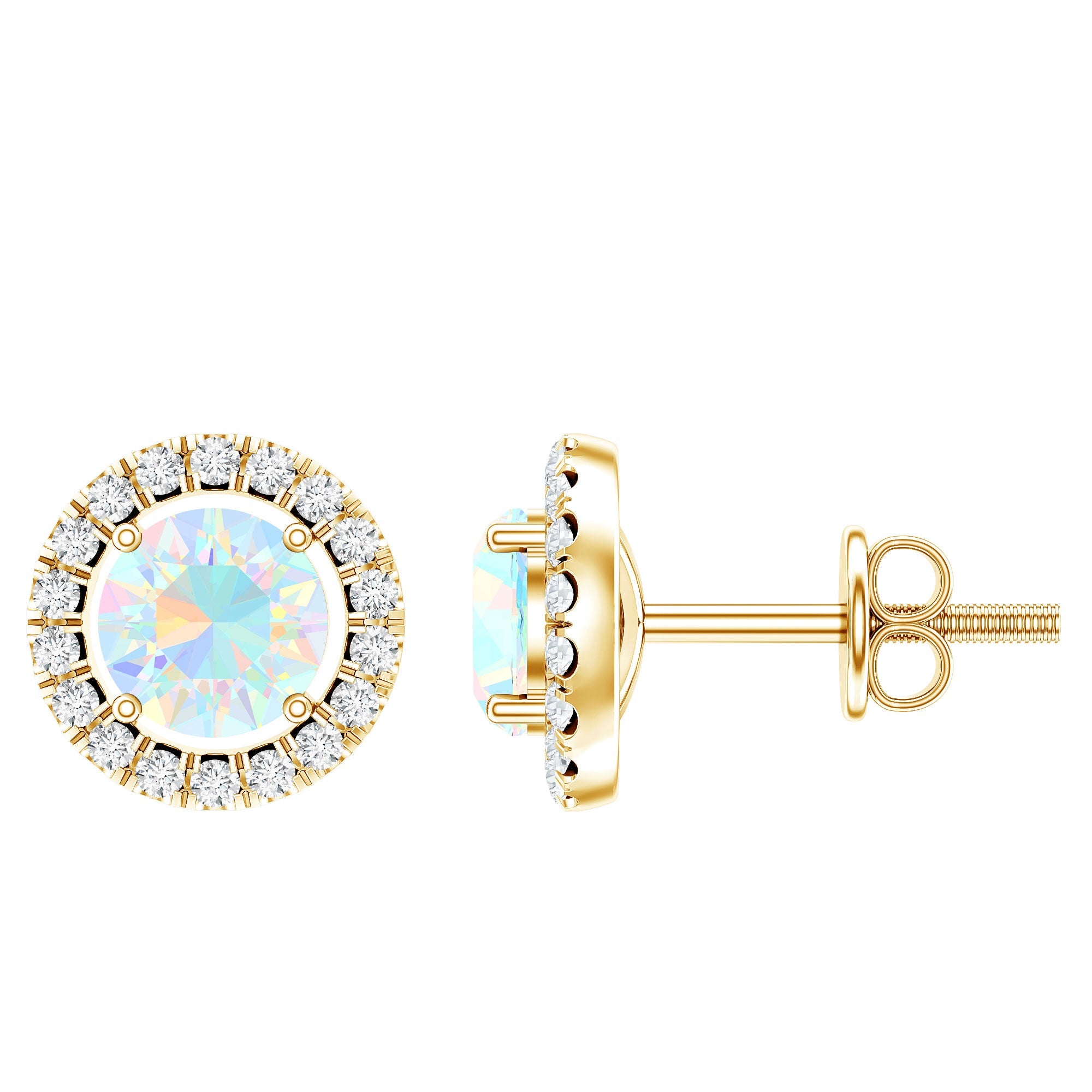 Ethiopian Opal Earrings – Round Opal Studs with Diamond Halo Design | Rosec Jewels