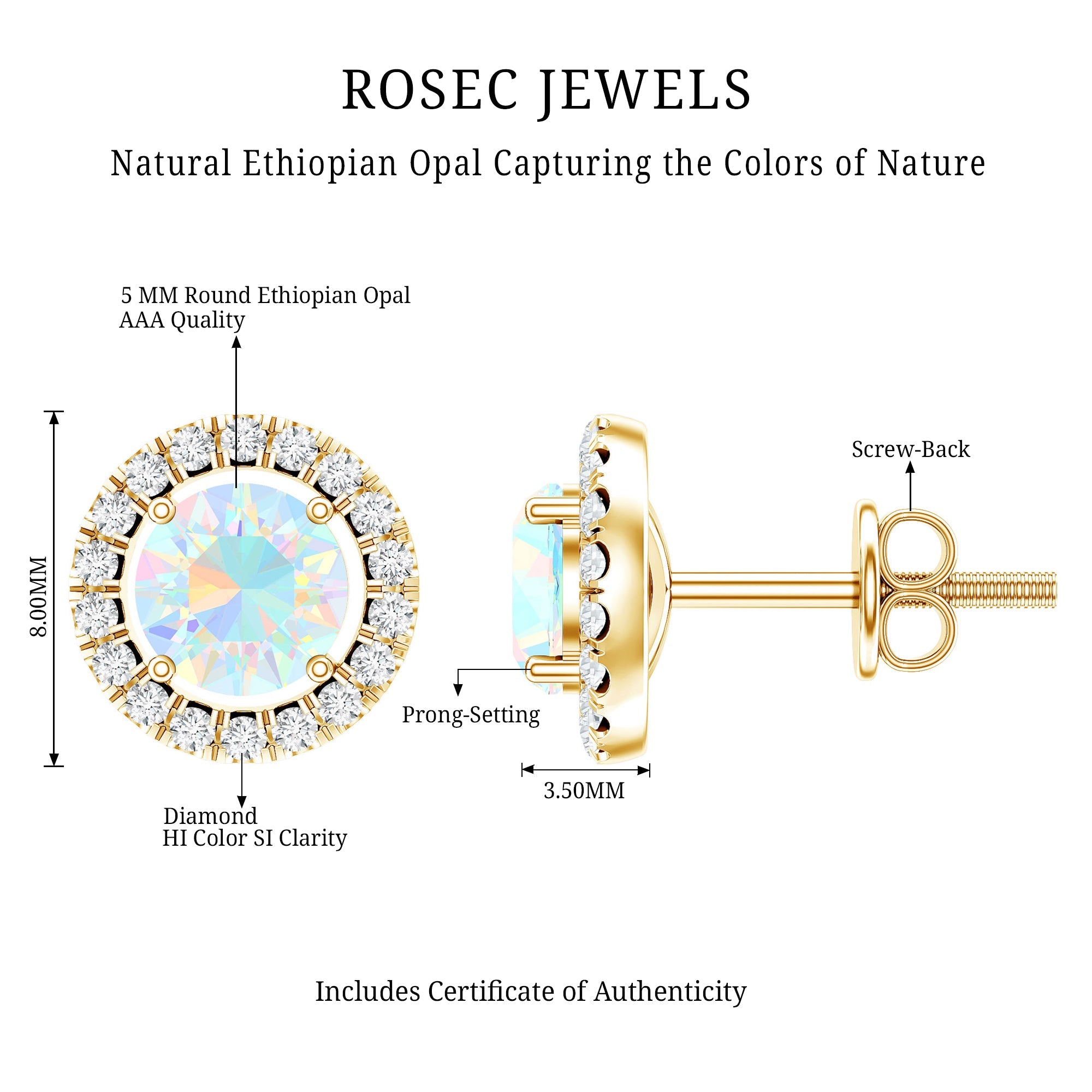 Ethiopian Opal Earrings – Round Opal Studs with Diamond Halo Design | Rosec Jewels