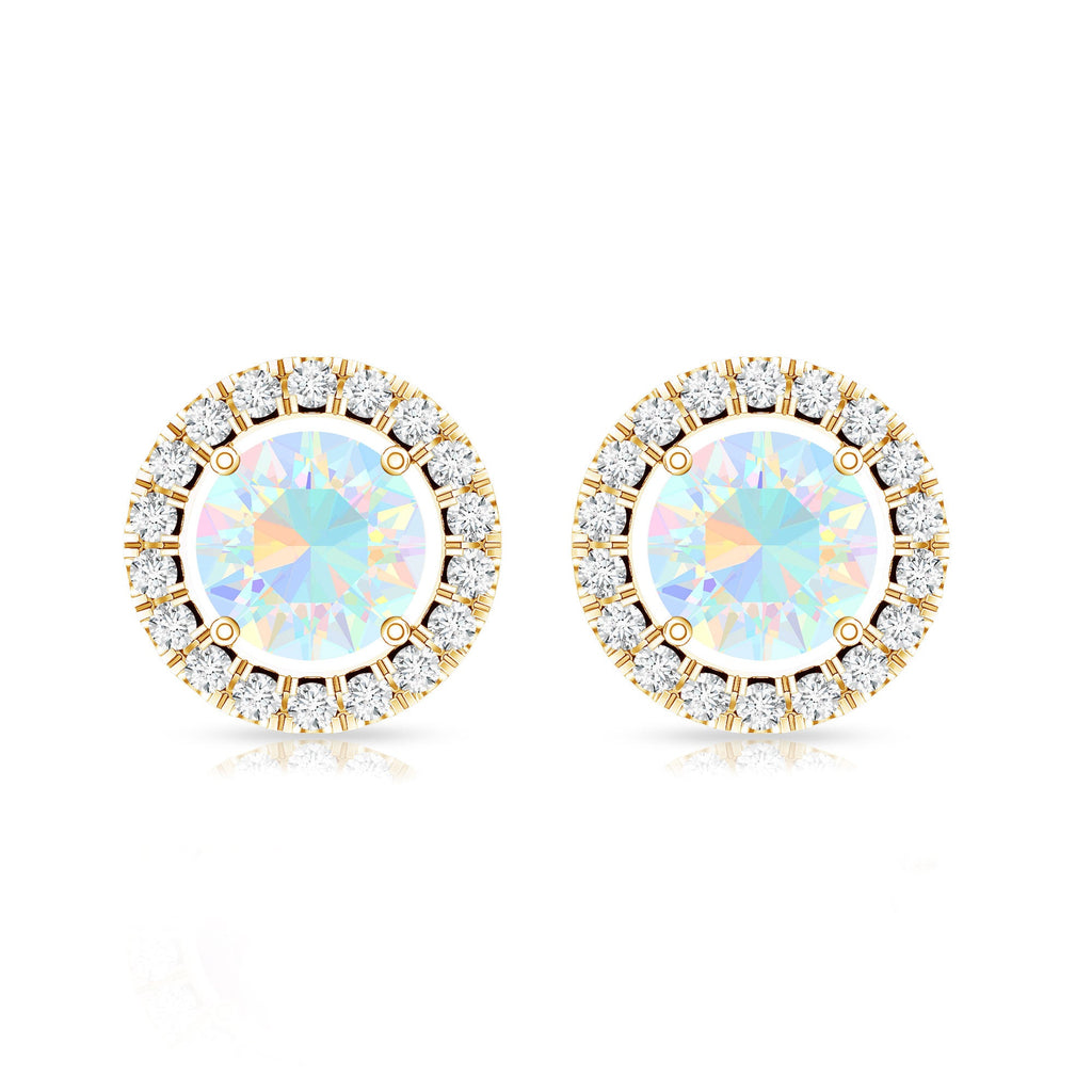 Ethiopian Opal Earrings – Round Opal Studs with Diamond Halo Design | Rosec Jewels