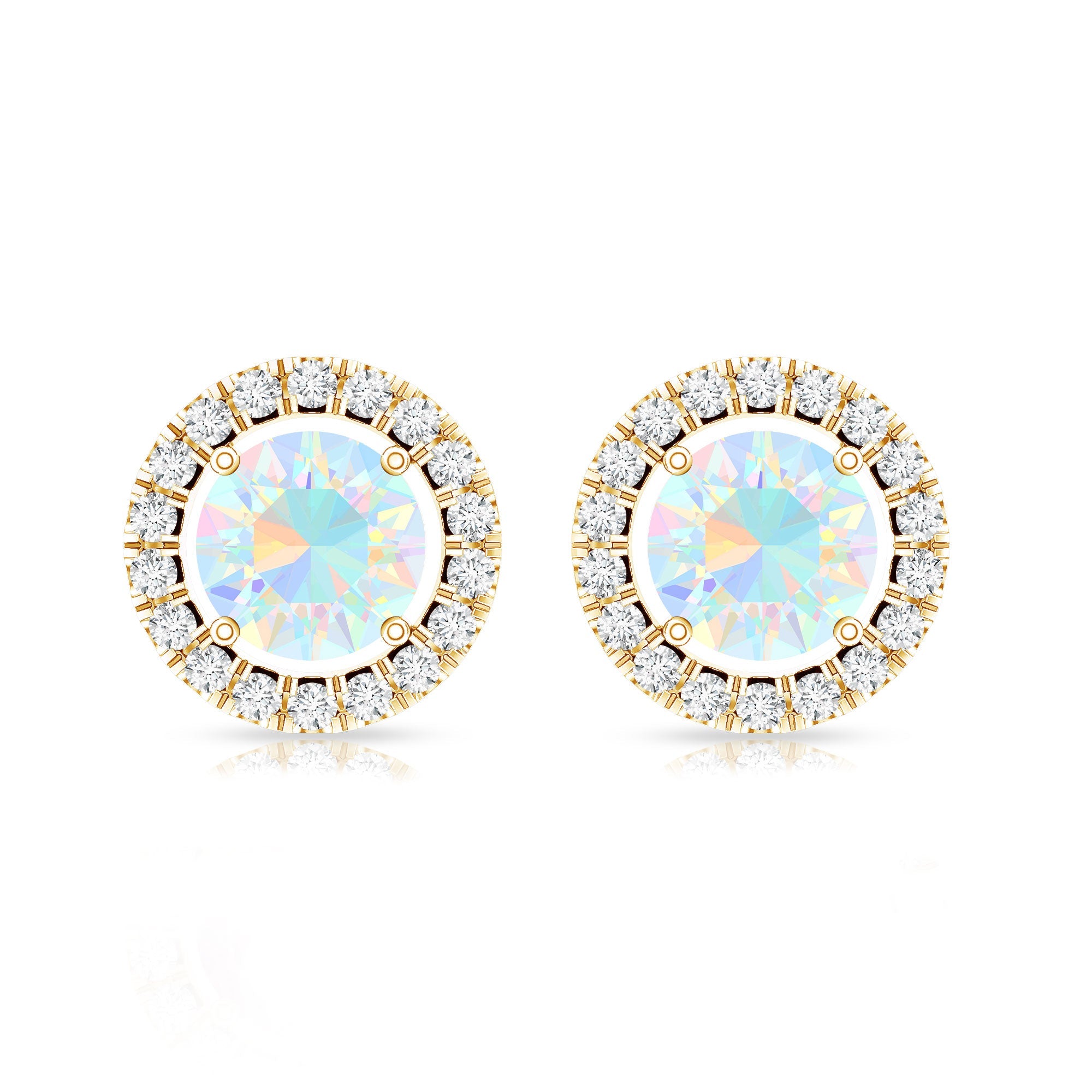 Ethiopian Opal Earrings – Round Opal Studs with Diamond Halo Design | Rosec Jewels