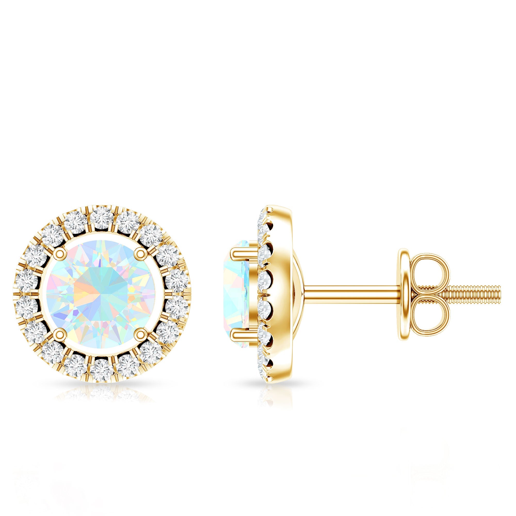 Ethiopian Opal Earrings – Round Opal Studs with Diamond Halo Design | Rosec Jewels