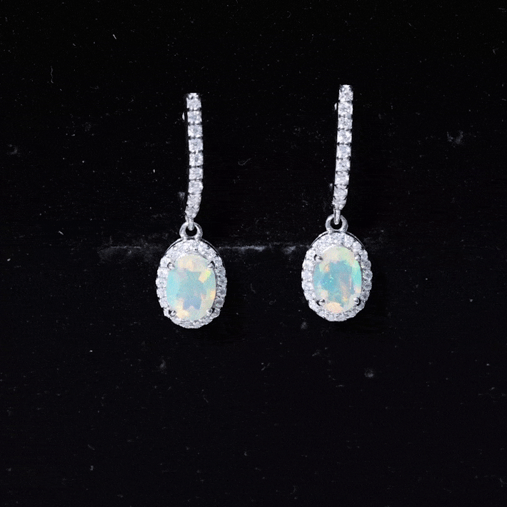 Ethiopian Opal Earrings – Oval Opal Hoop Earrings with Diamond Drop Design