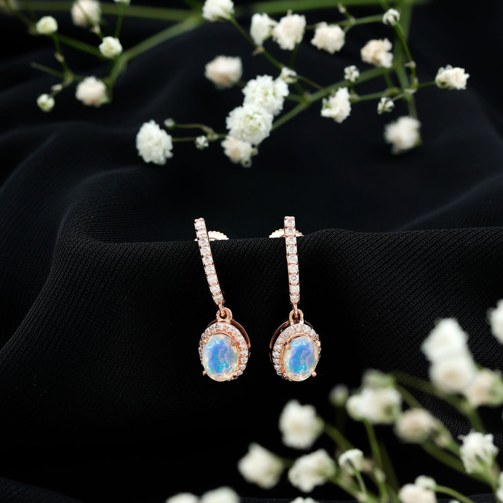 Ethiopian Opal Earrings – Oval Opal Hoop Earrings with Diamond Drop Design